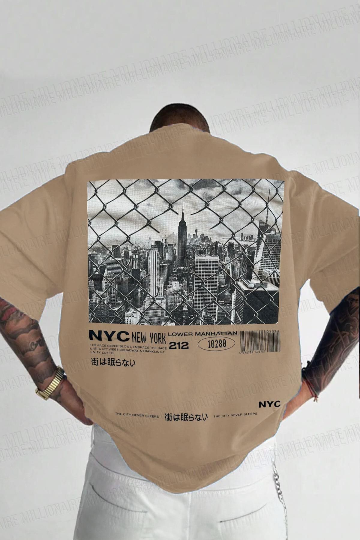 Teenage Millionaire Erkek NYC New York Baskılı Camel Bisiklet Yaka Oversize Salaş T-Shirt