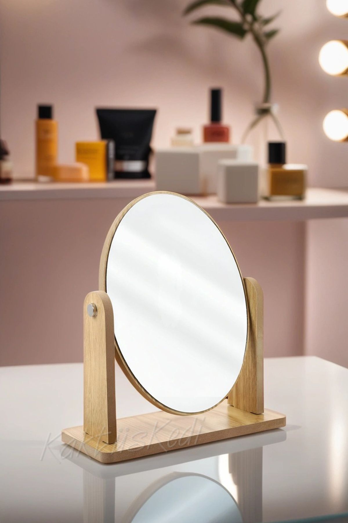 KaktüsKedi Ayarlanabilir Ahşap Makyaj Aynası | El ve Masa Aynası | Makeup Mirror