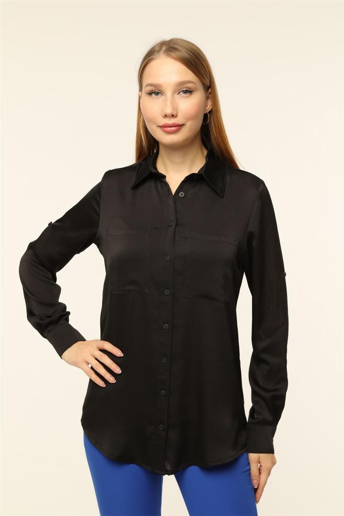 Home Store Gömlek 2 Cepli Katlı Bantlı Kol 9 Düğmeli Saten - Siyah