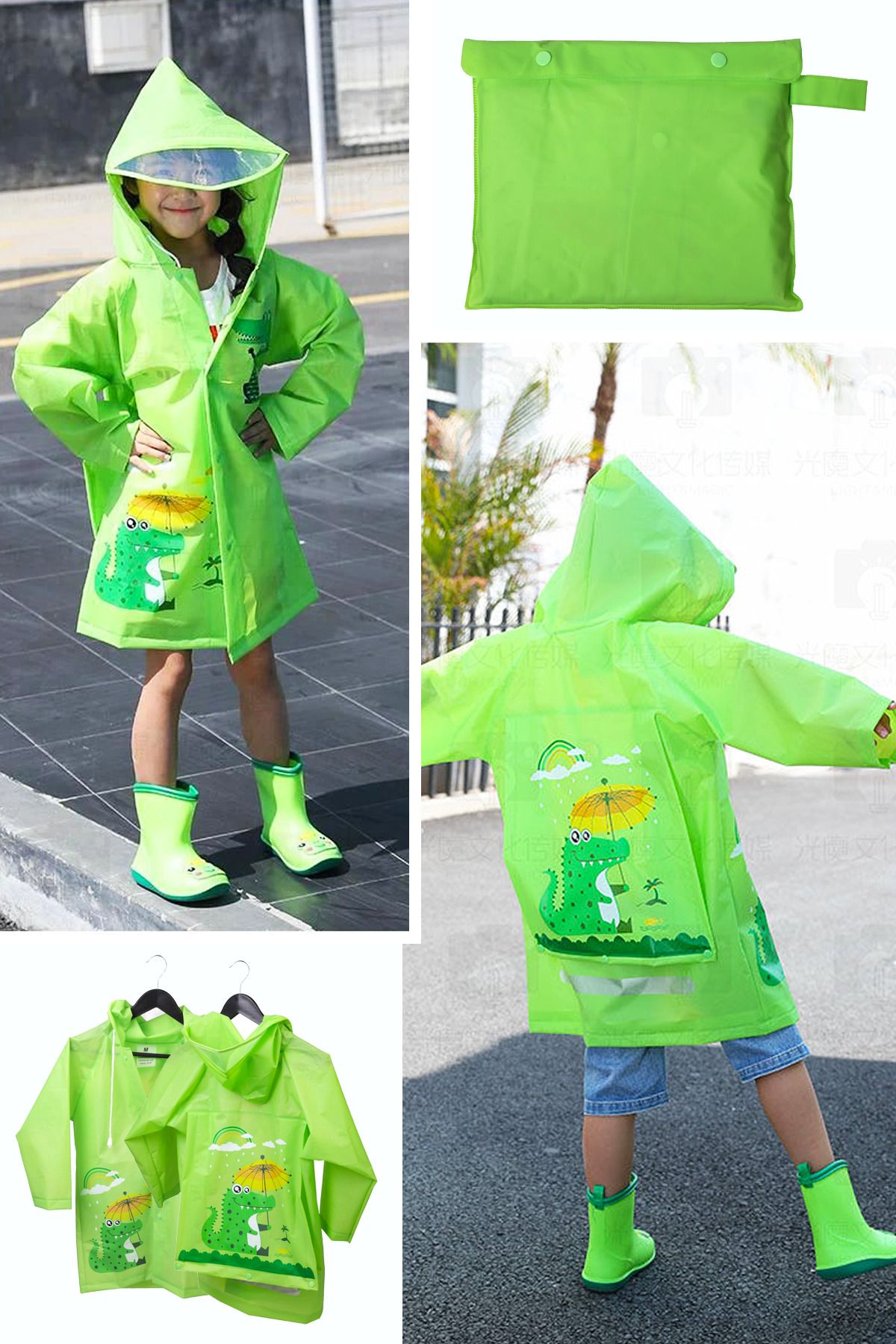 Arsimo Hayvan Figürlü Kapüşonlu Çocuk Yağmurluk Çantalı Yeşil
