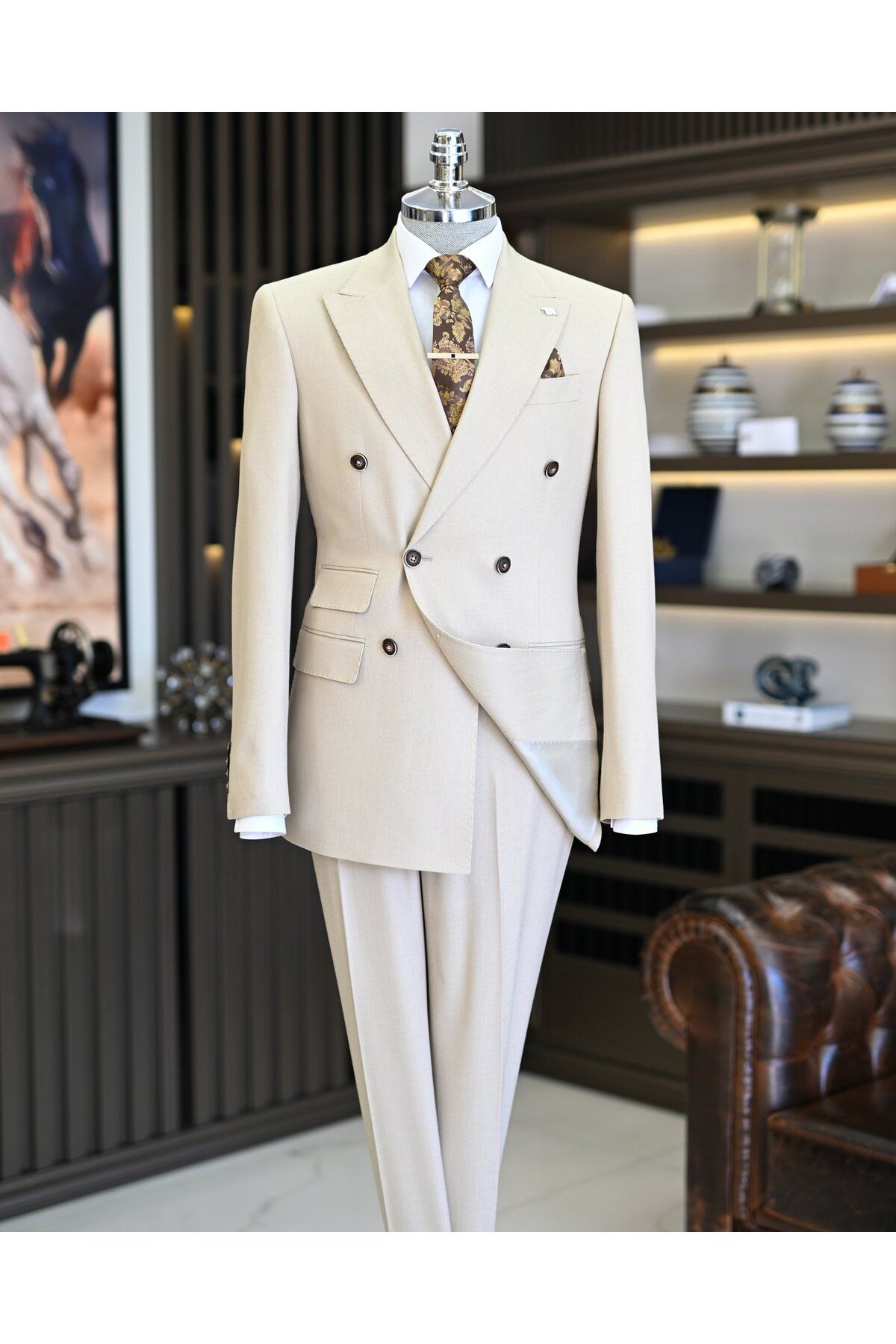 TerziAdemAltun İtalyan stil slim fit erkek kruvaze ceket pantolon takım elbise camel T11562