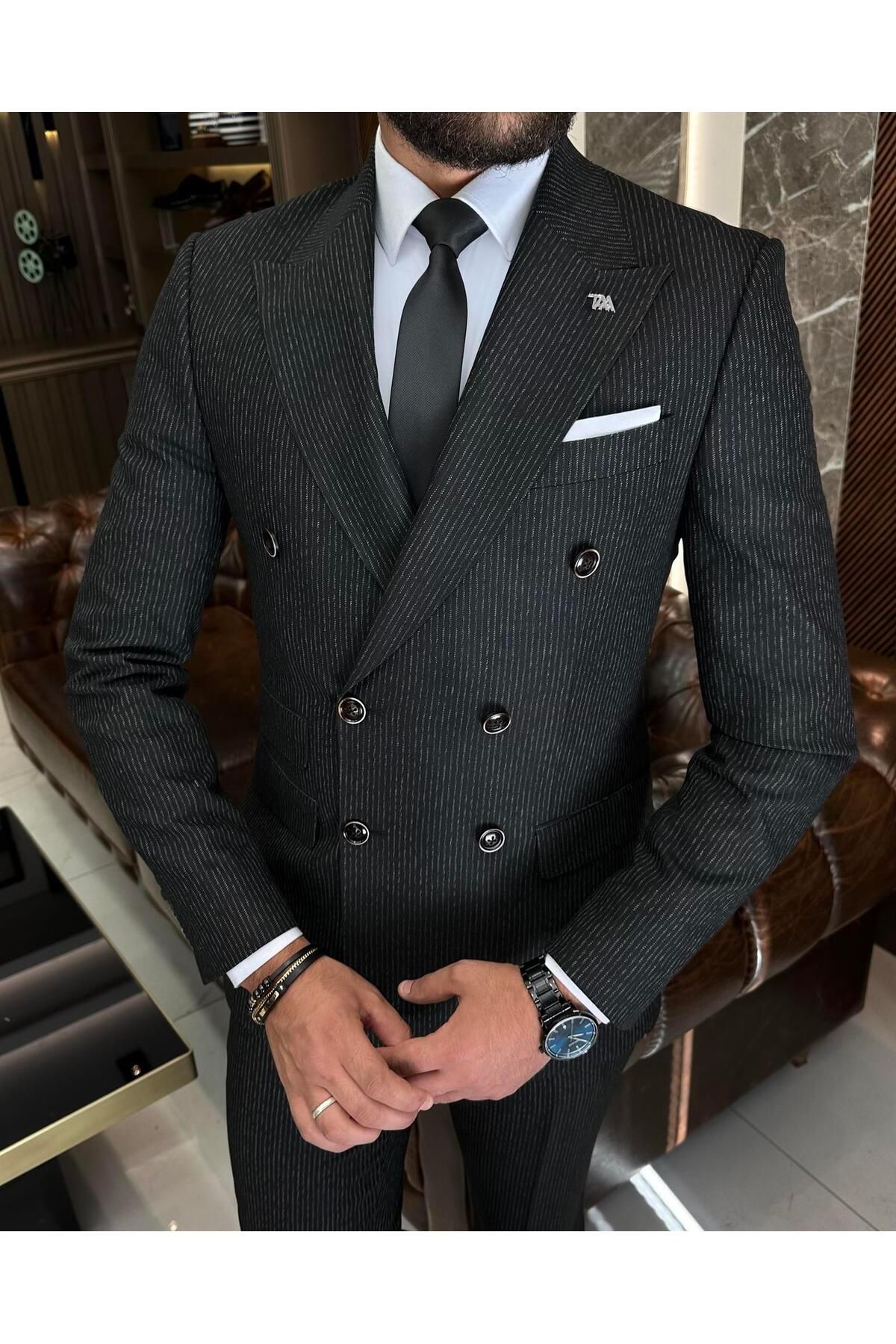 TerziAdemAltun İtalyan stil slim fit çizgili ceket pantolon takım elbise siyah T9946