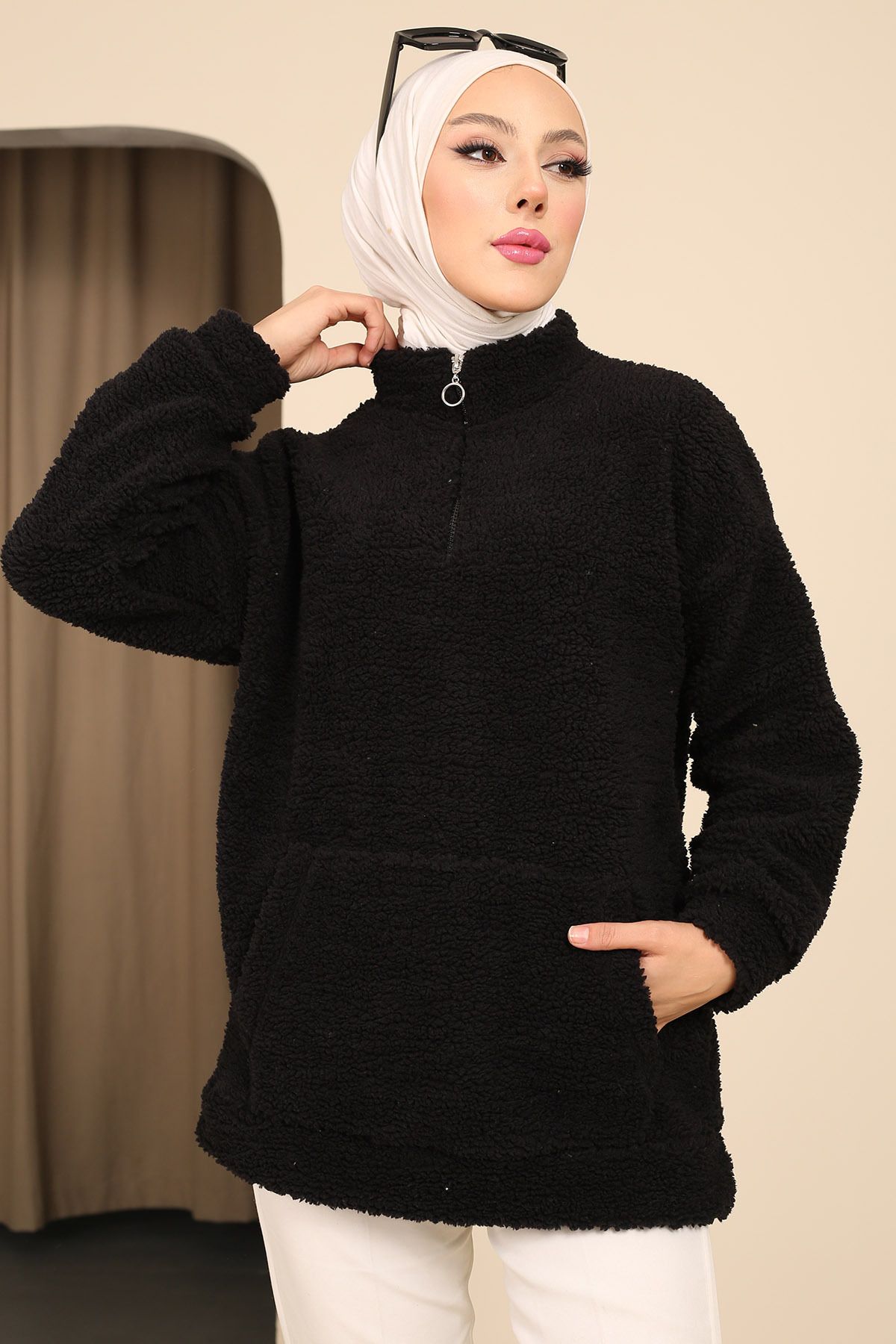 İmajButik Siyah Yarım Fernuarlı Cepli Peluş Sweatshirt