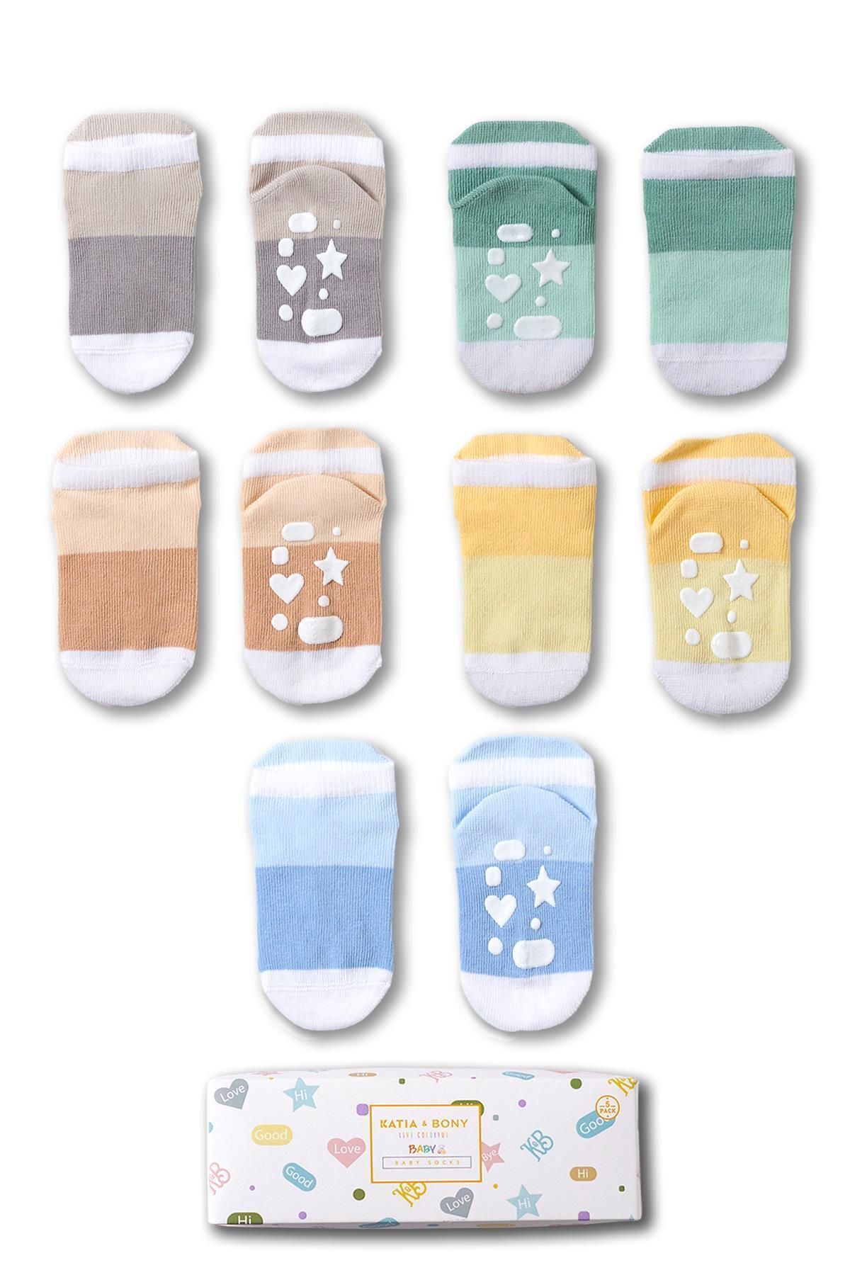Katia & Bony Bebek Şerit Desenli Tabanı Kalp Detaylı 5'li Paket Kutulu Patik Çorap