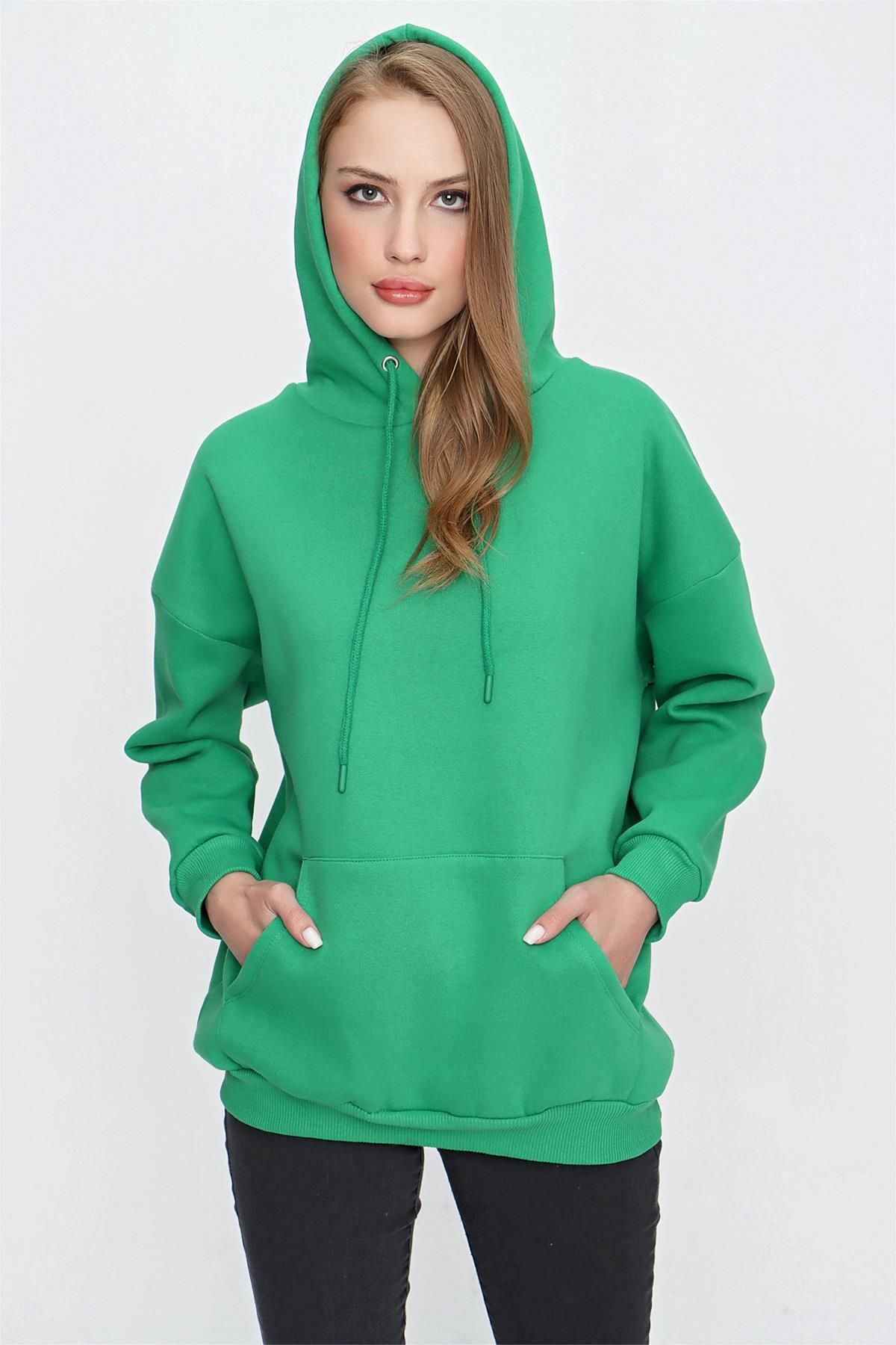 Tena Kadın Benetton Yeşil Üç Iplik Şardonlu Kanguru Cepli Kapüşonlu Sweatshirt