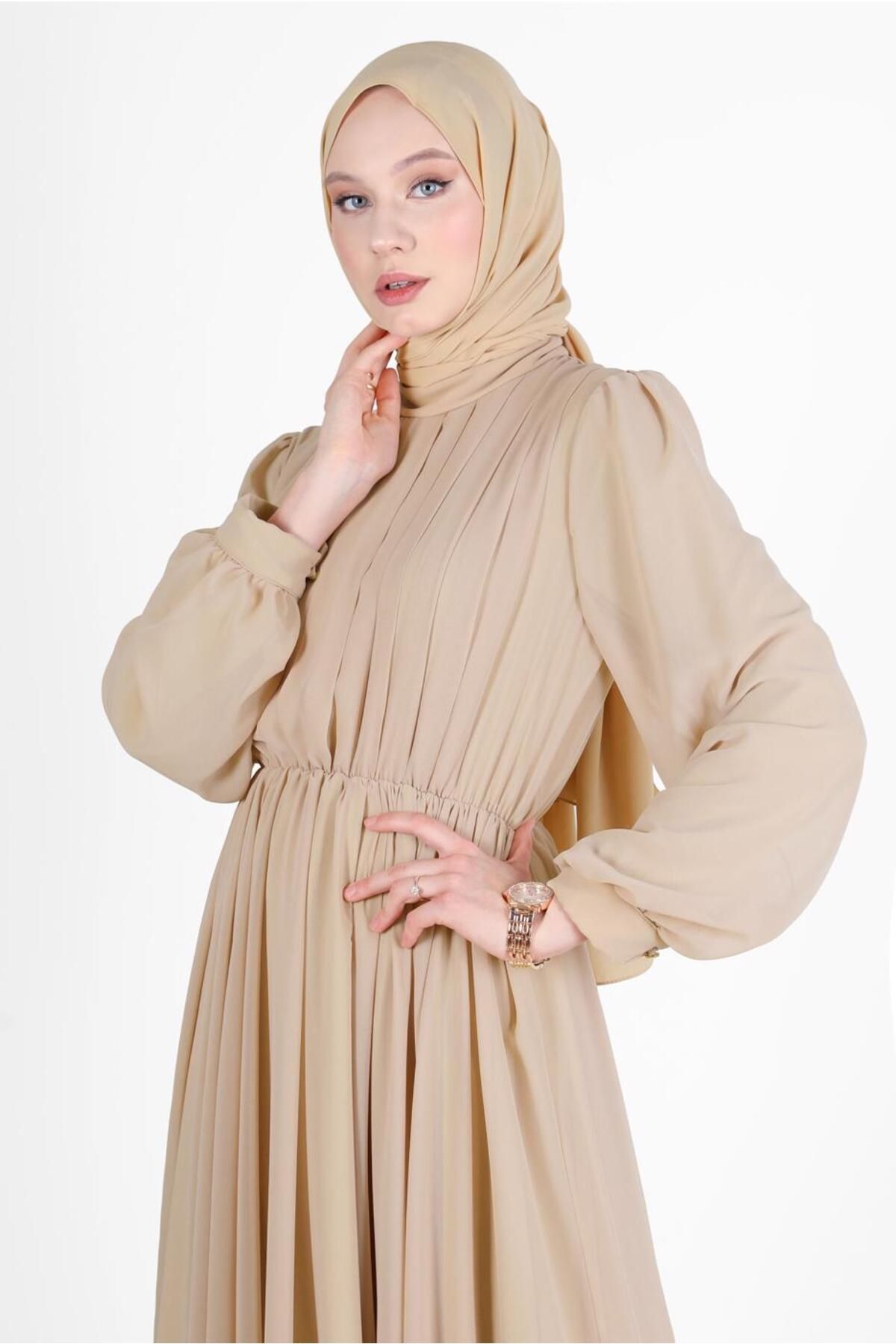 TRENDTESETTÜR Kadın Bej Pile Görünümlü Beli Büzgülü Abiye Elbise 65015