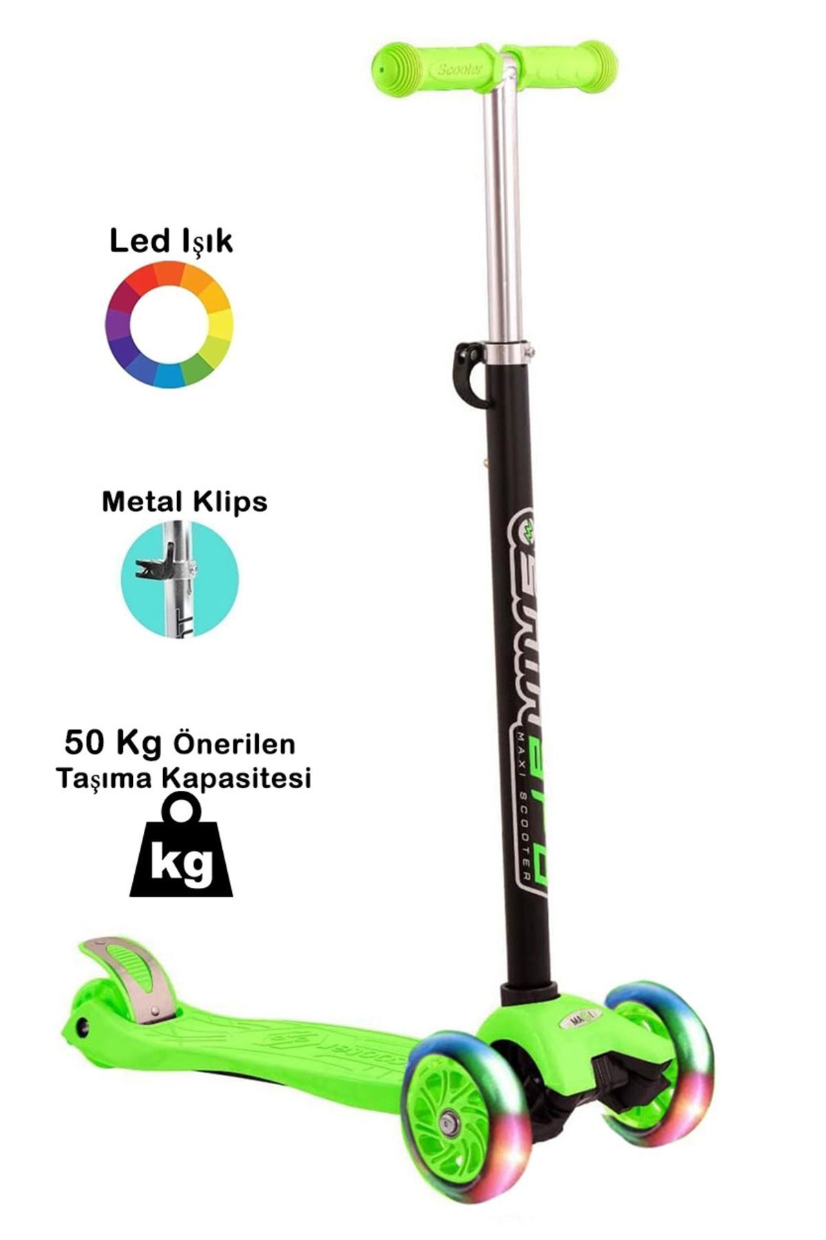 Genel Markalar 4 Tekerlekli (ARKA ÇİFT TEKERLEK) Metal Mandallı Yükseklik Ayarlı Işıklı Scooter