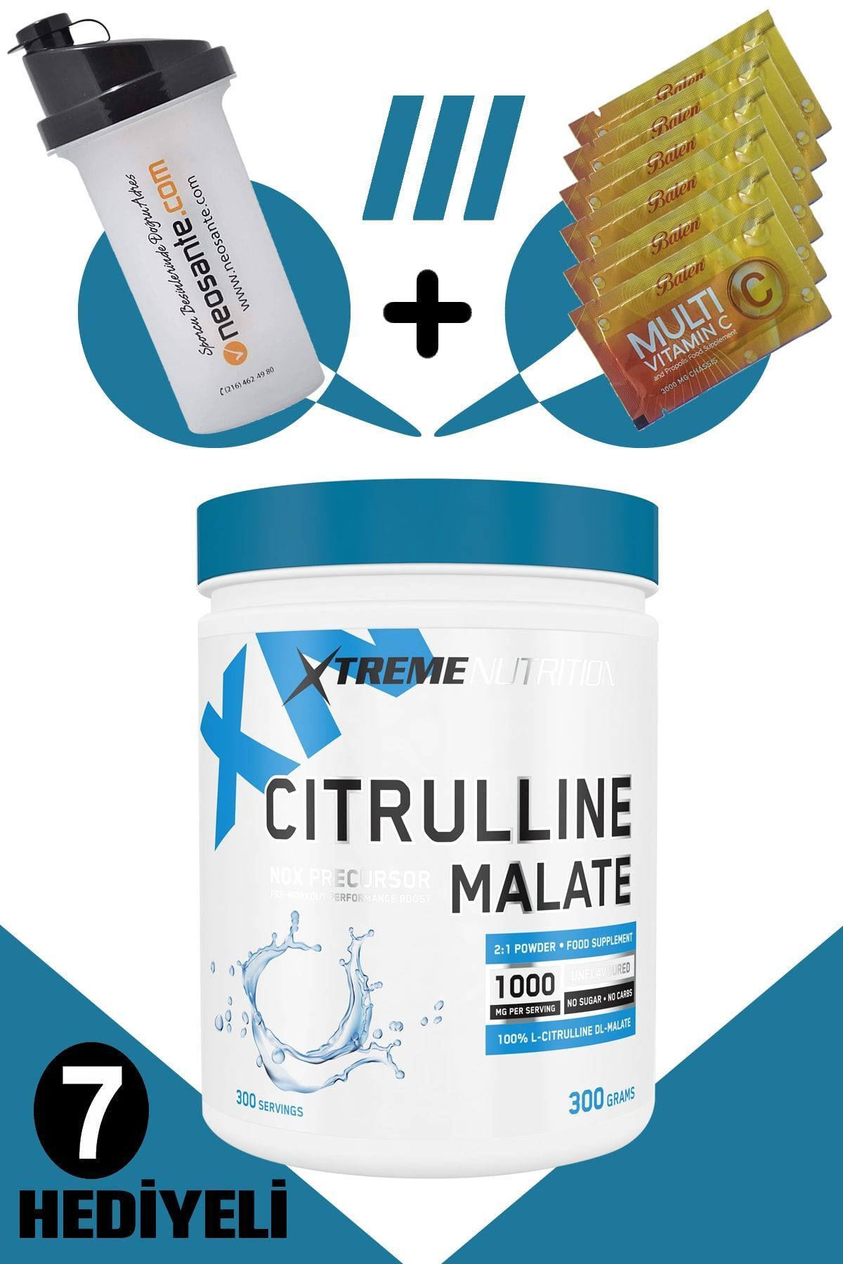 Xtreme Nutrition Citrulline Malate - 300 G - Aromasız - 7 Hediyeli - Shaker 6 Adet Multi C Saşe - Sitrülin Malat