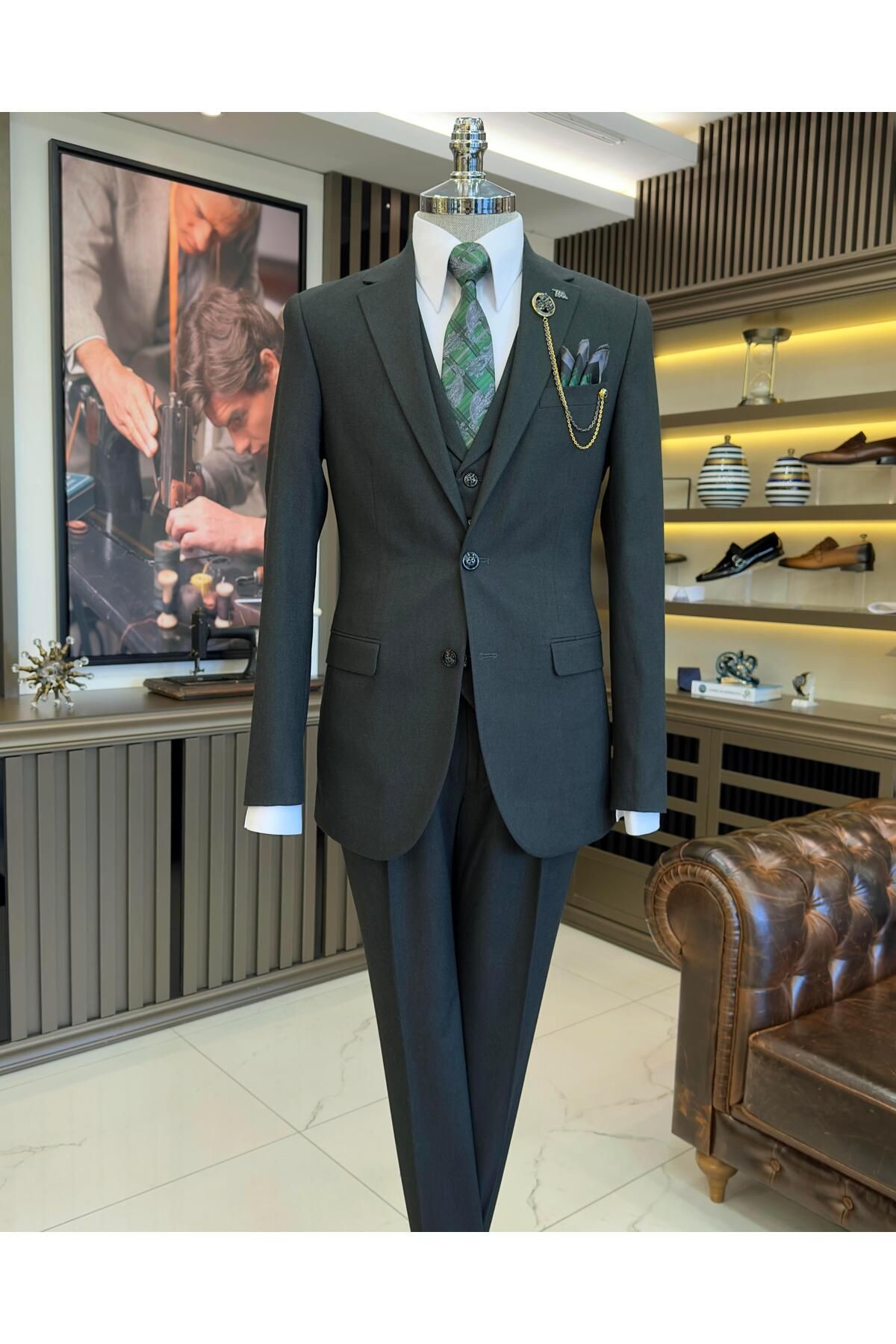TerziAdemAltun İtalyan stil ceket yelek pileli pantolon takım elbise yeşil T11306