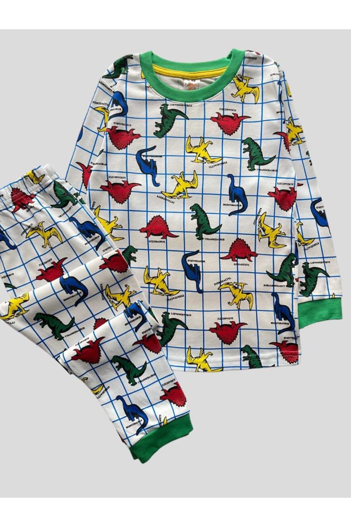 elmas kids Erkek Çocuk %100 Pamuklu Renkli Dinozor Desenli Kolları ve Paçaları Şeritli Pijama Takımı