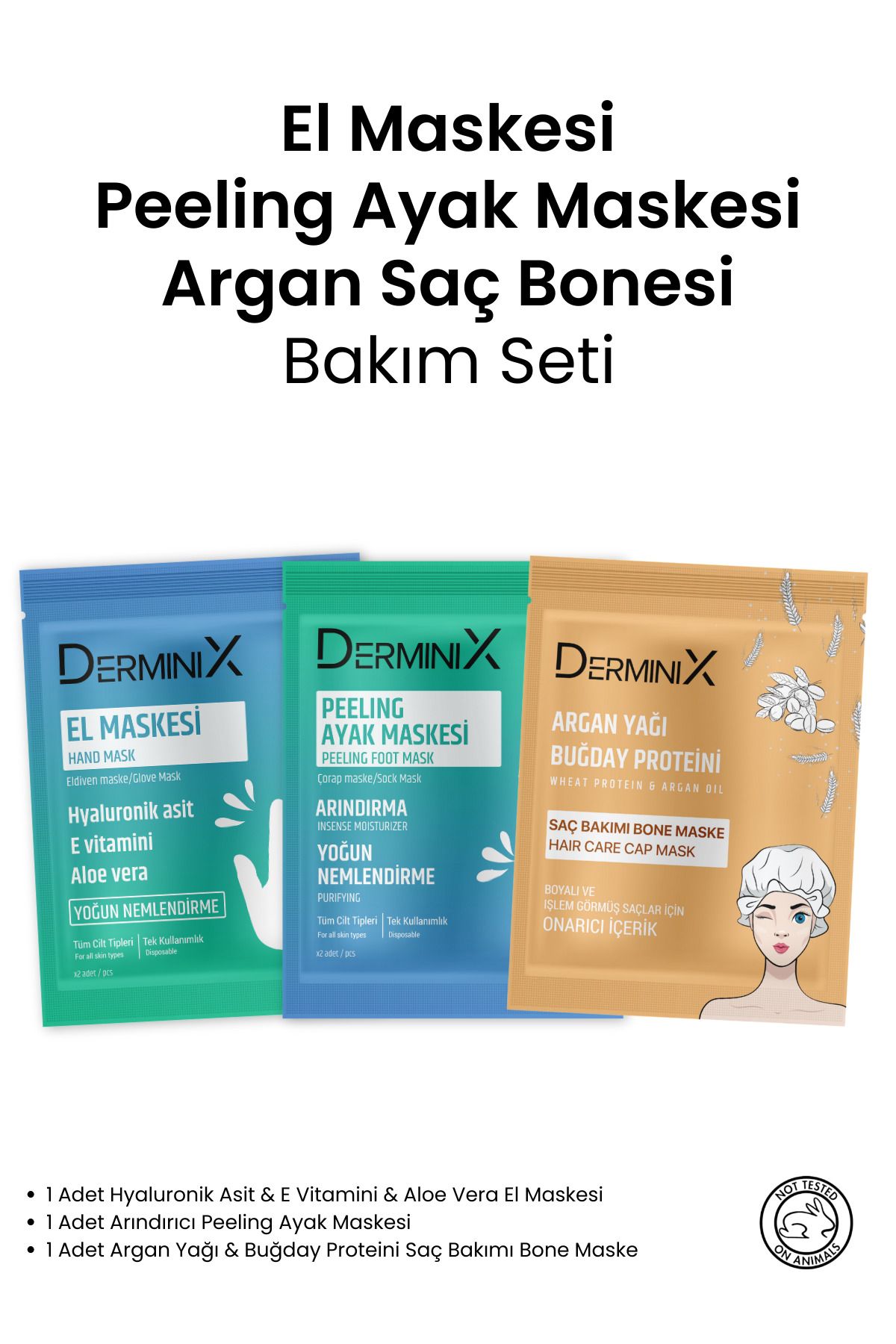 Derminix Maske seti/Argan Buğday Yağı Bone Saç Maskesi/Nemlendirici El Maskesi/Peeling Ayak Maskesi