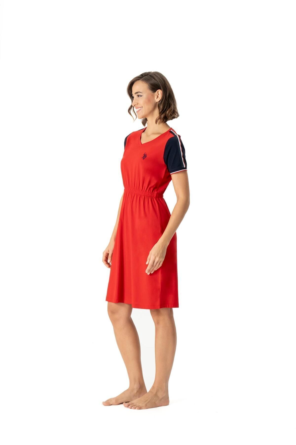 U.S. Polo Assn. Kadın %100 Pamuklu Kırmızı Derin Yaka İnce Yazlık Elbise