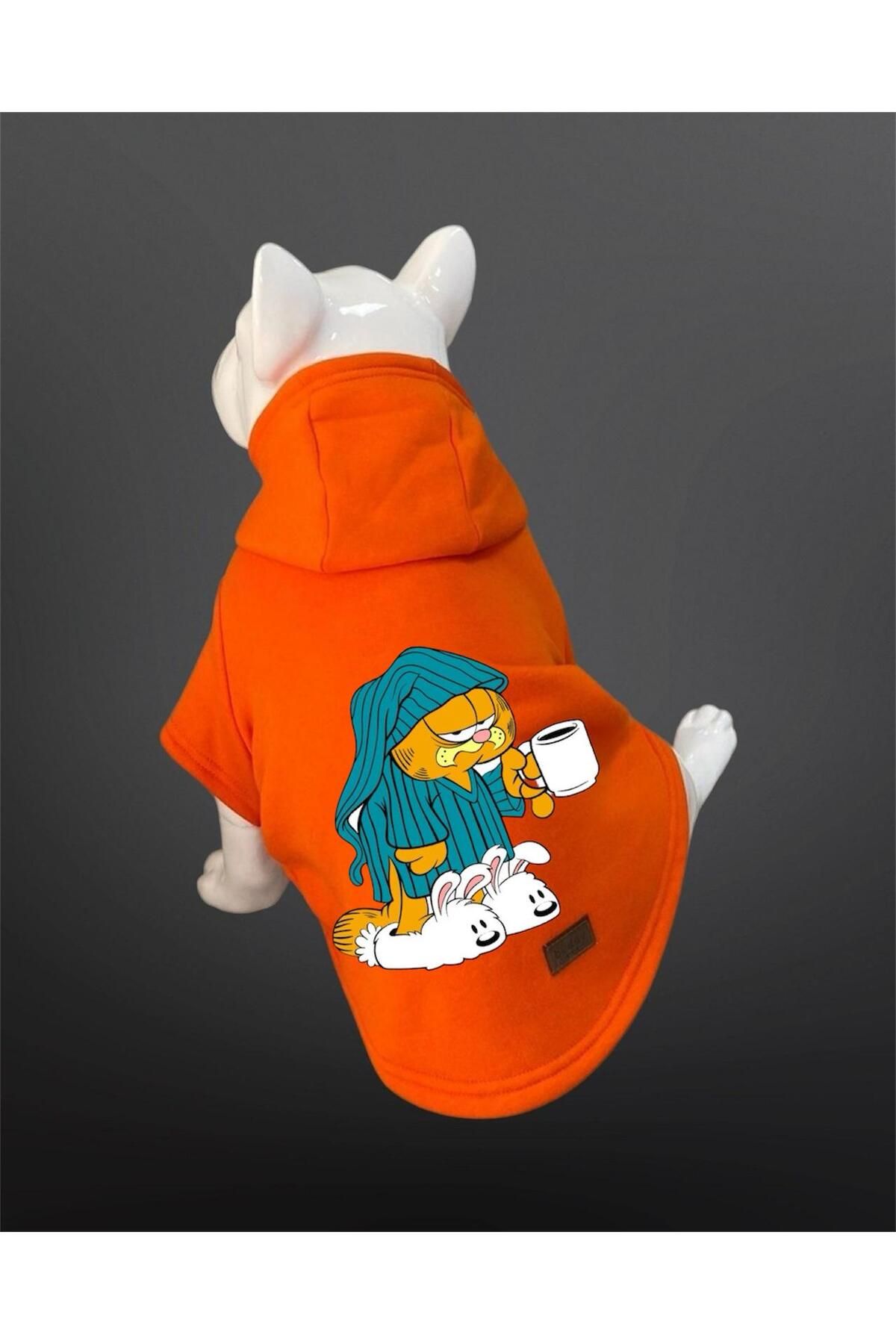 Buddy Store Kedi & Köpek Kıyafeti Sweatshirt - Coffee Garfield Baskılı Turuncu Sweatshirt