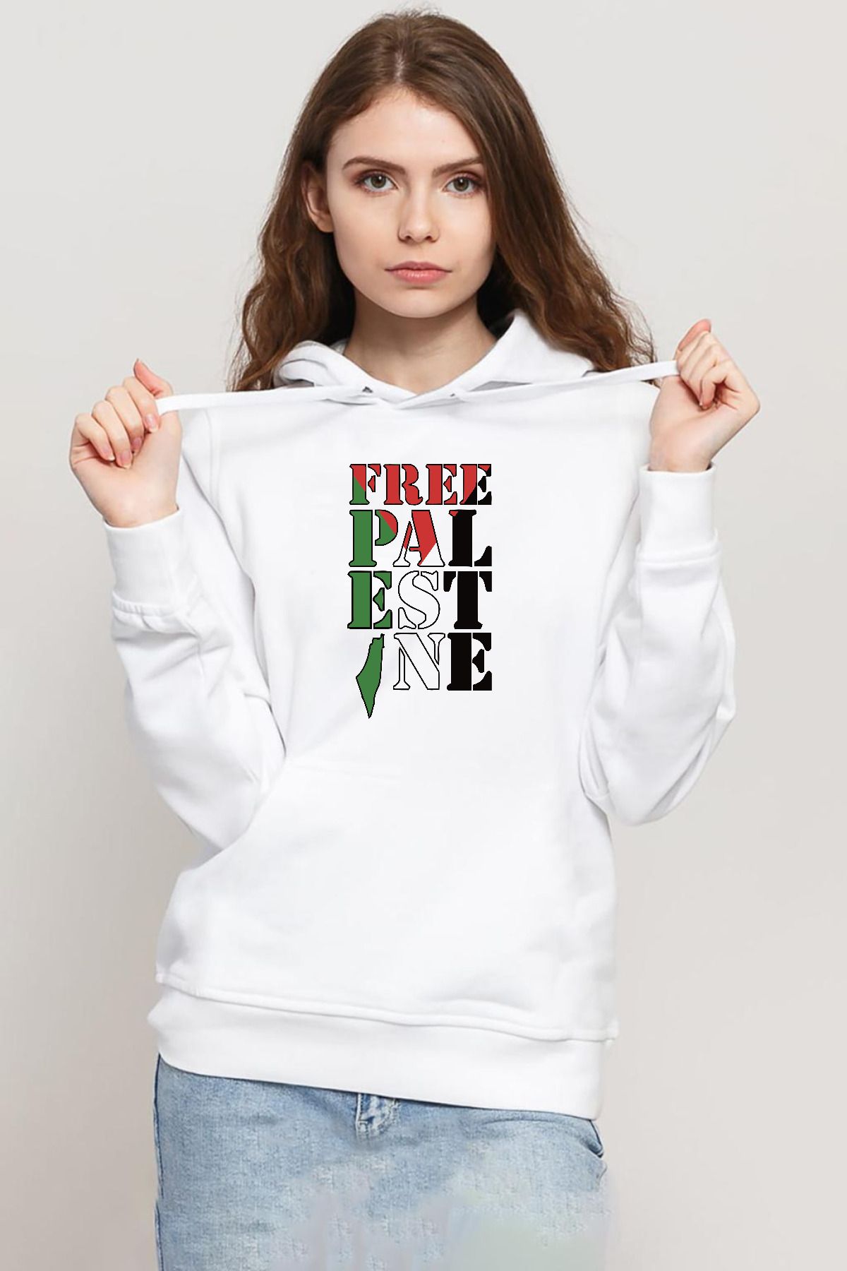 Tshirthane Free Palestine Beyaz Kadın 3ip Kapşonlu Sweatshirt