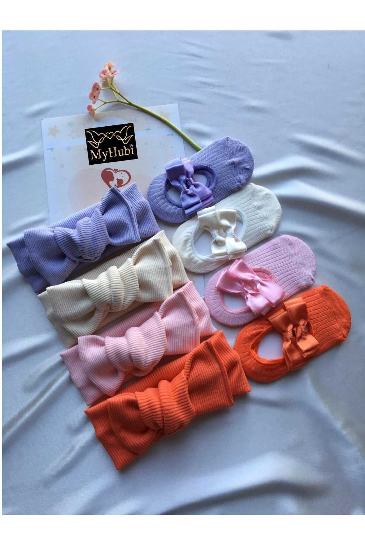 MyHubi 8'li Kombin El Yapımı Kız Bebek Fiyonk Bandana & Babet Çorap