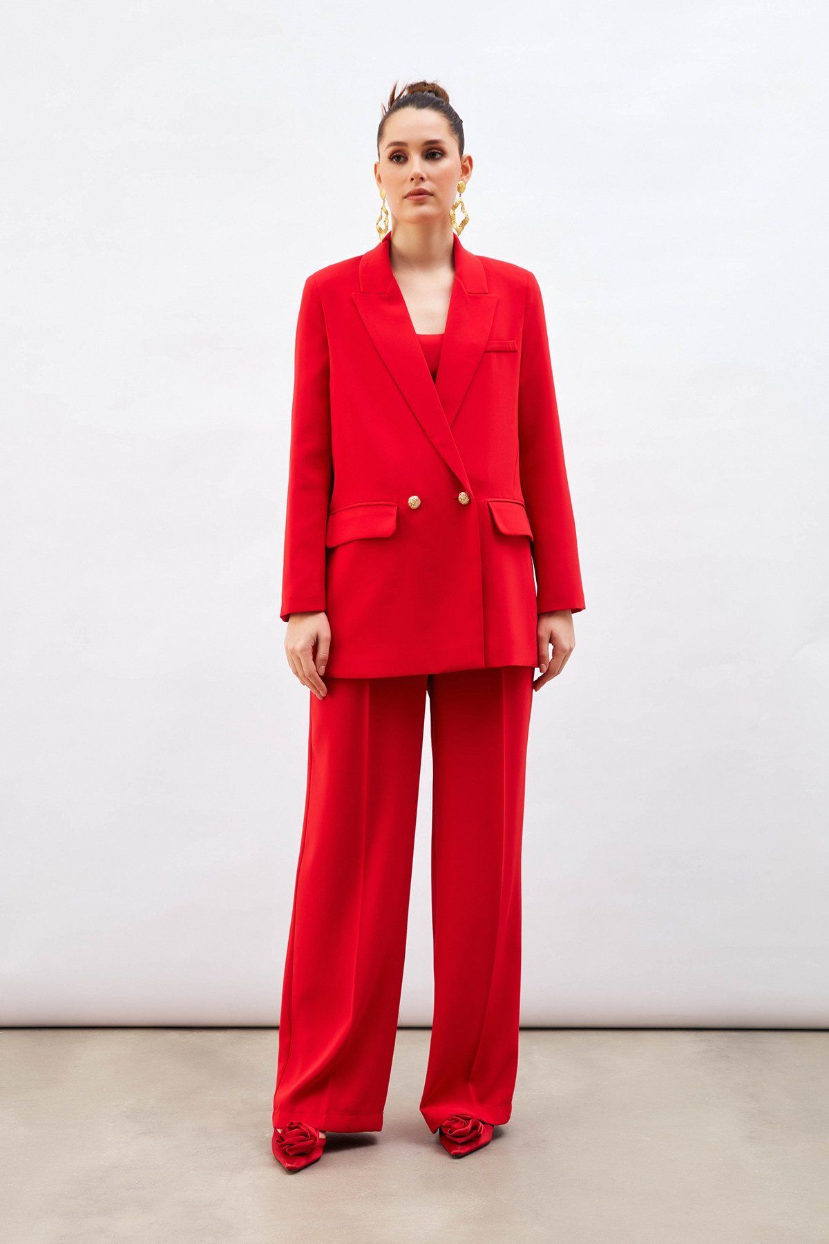 Sateen Pile Detaylı Salaş Pantolon - Kırmızı