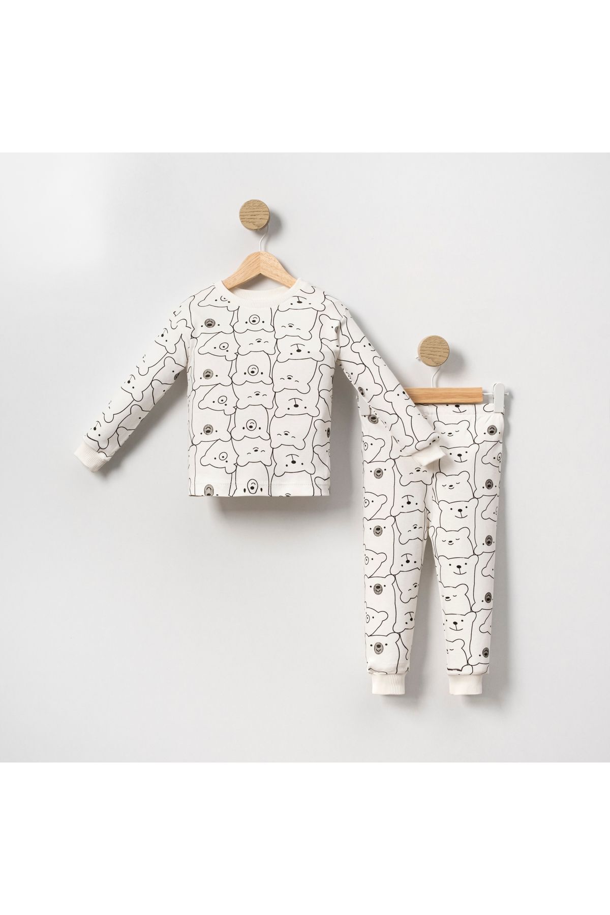 aden kids Ekru Ayı Baskılı Mevsimlik Pamuklu Kumaş Karikatürlü Unisex Çocuk Pijama Takımı