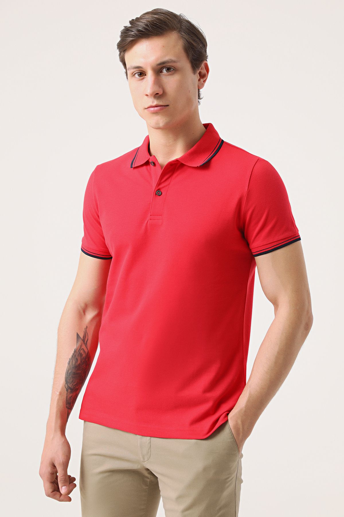TWN Slim Fit Kırmızı Düz Örgü Pamuklu Logo Baskılı T-shirt