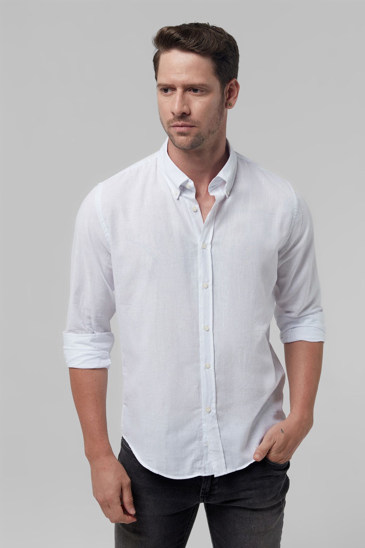 D'S Damat Slim Fit Beyaz Düz Keten Görünümlü Gömlek