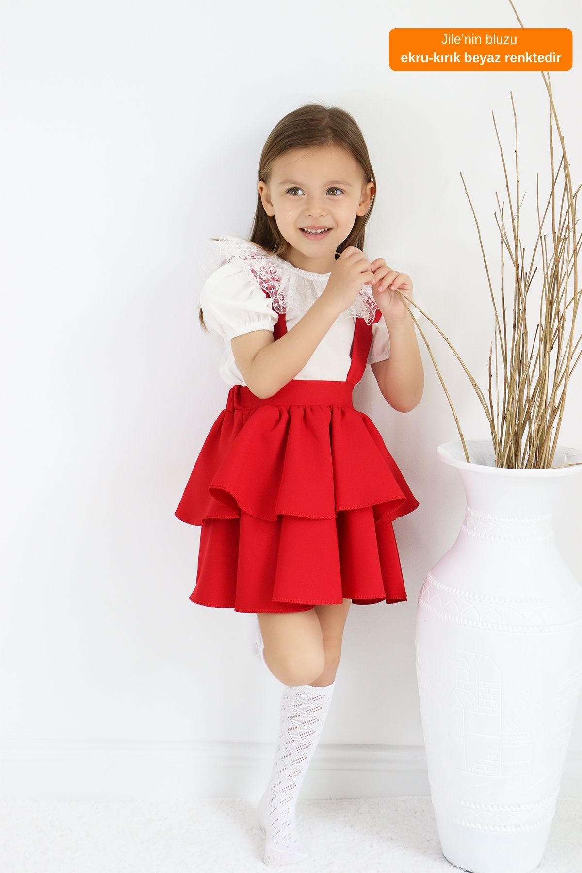Parla Kids Kız Çocuk Helen Kırmızı Askılı Bağlama Jile 23 Nisan Elbise Ekru Dantel Kısa Kollu Bluz Abiye Takım