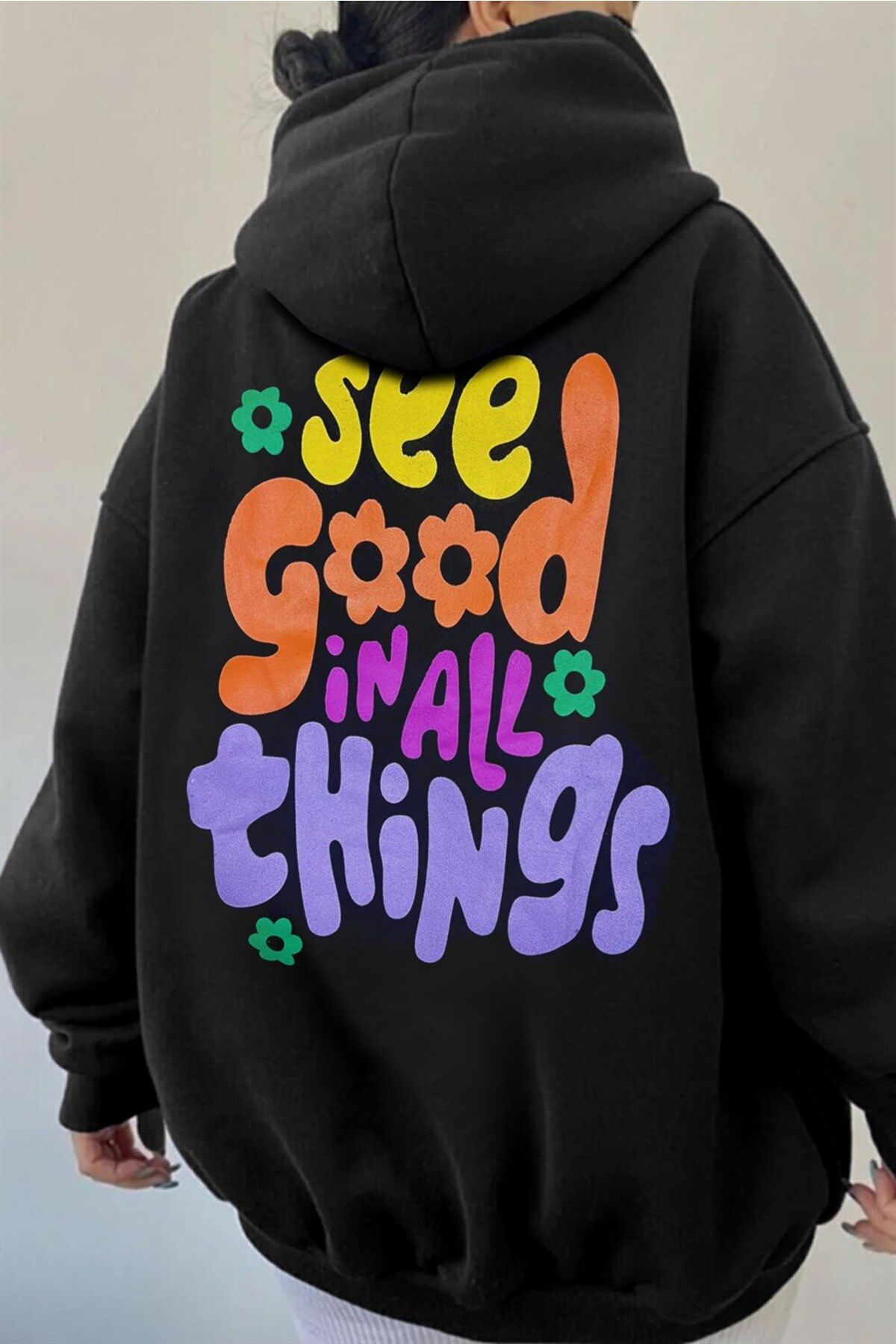 celestial sun moon Kadın Siyah See Good Baskılı 3 Iplik Şardonlu Kapüşonlu Oversize Salaş Bol Kesim Hoodie Sweatshirt