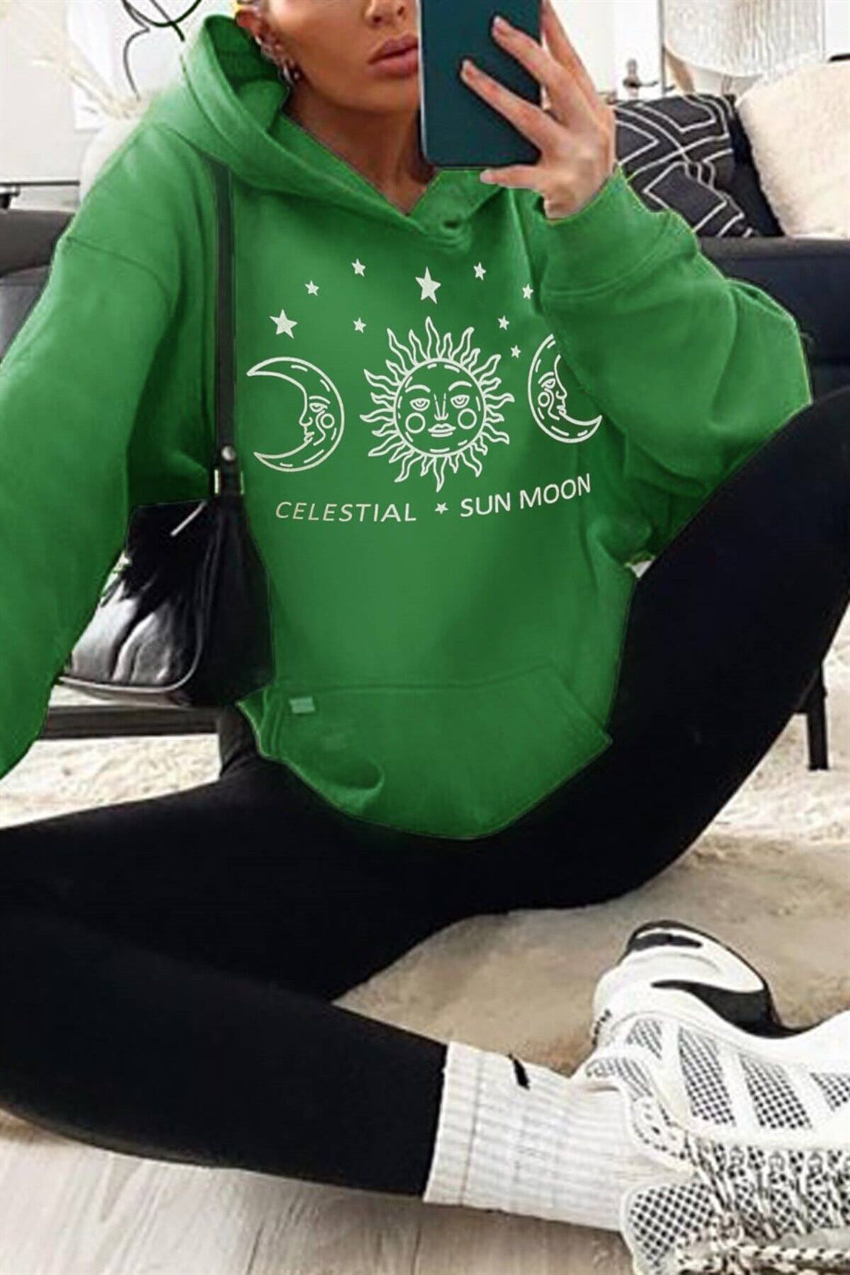 celestial sun moon Kadın Bntn Yeşil Celestial 3 Iplik Şardonlu Kapüşonlu Kanguru Oversize Salaş Bol Hoodie Sweatshirt