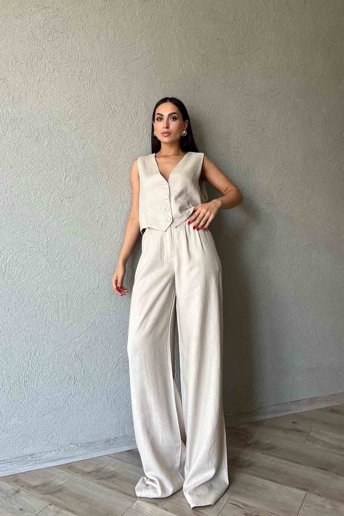 Seda Yalçın Atelier Taş Pile Detaylı Rahat Kesim Keten Pantolon