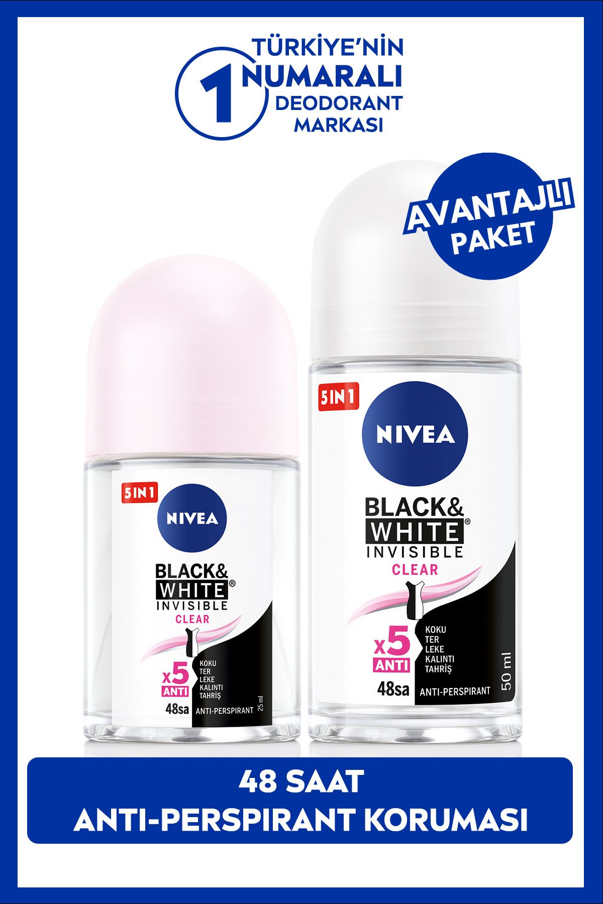 NIVEA Kadın Roll-on Deodorant Black&white Clear 50ml Ve Mini Roll-on Black&white Clear 25ml