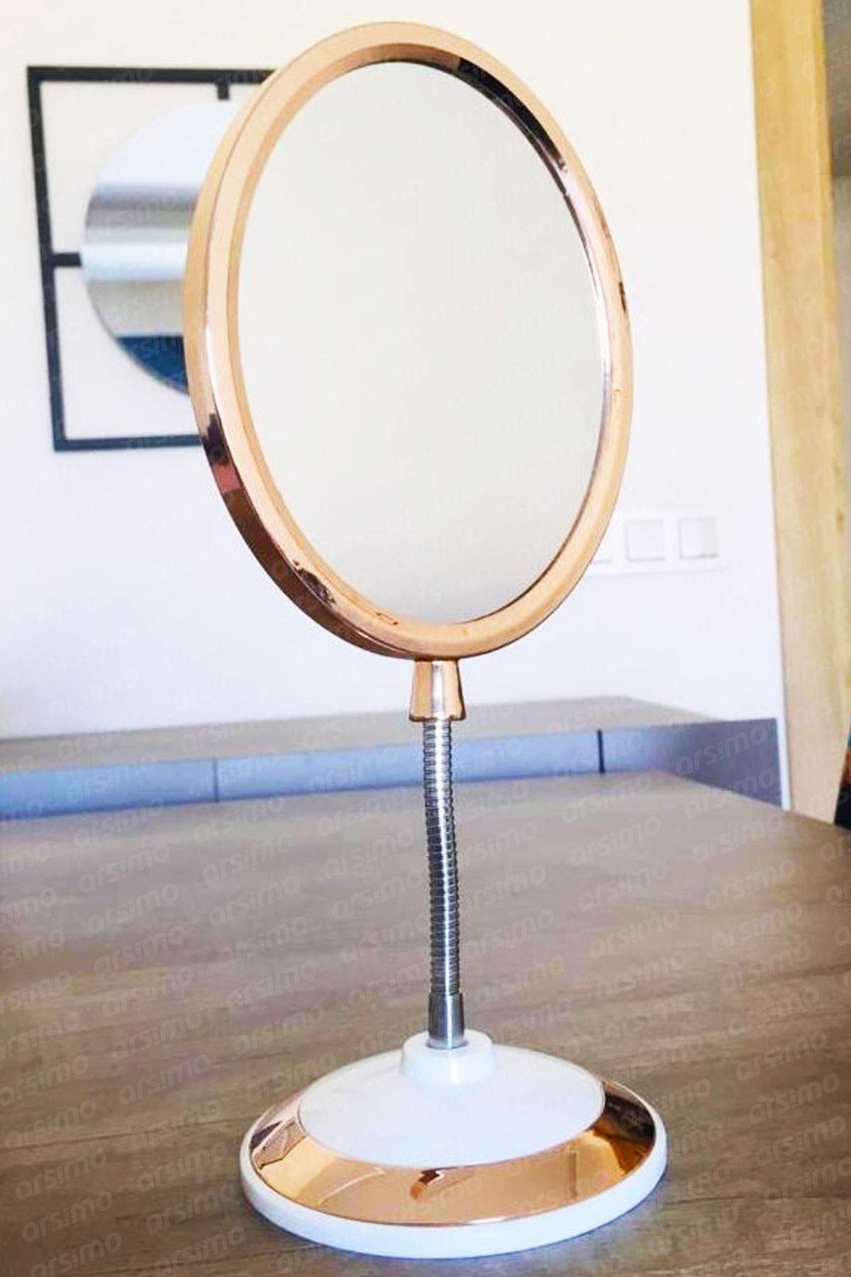 Arsimo Elegance 360 Derece Dönebilen Çift Taraflı Büyüteçli Masa Makyaj Aynası | Spiralli Ayna Oval