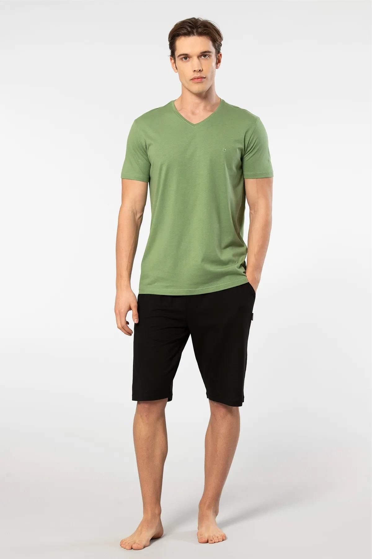Cacharel V Yaka T-shirt ve Cepli Bermuda Şort Takım, %50 Pamuk %50 Modal
