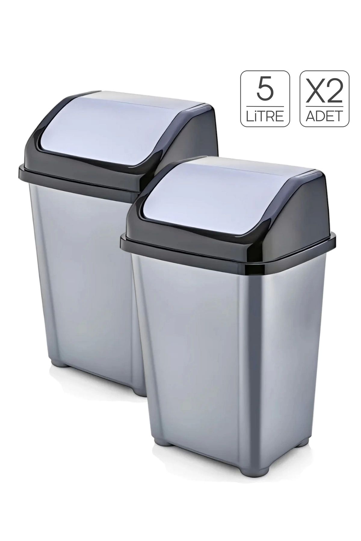 Tilbe Home 2 Adet Klik Kapaklı Çöp Kovası İnox Mutfak Banyo Pratik Kapaklı Küçük Çöp Kovası 5 Litre Seti