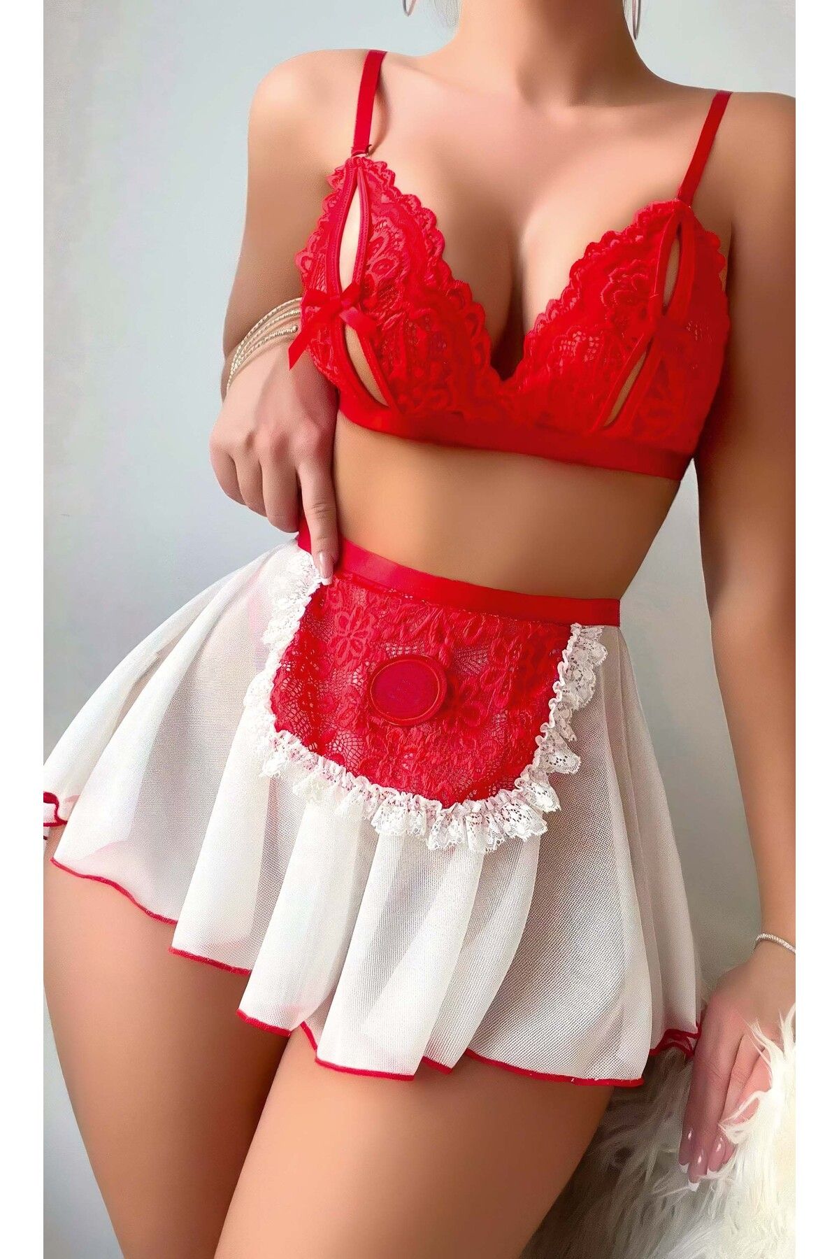 Veille Seksi Kırmızı Beyaz Etekli Hizmetçi Gecelik Kostüm,Erotik Hizmetçi Fantazi Üniforma,Bdsm,Erotic
