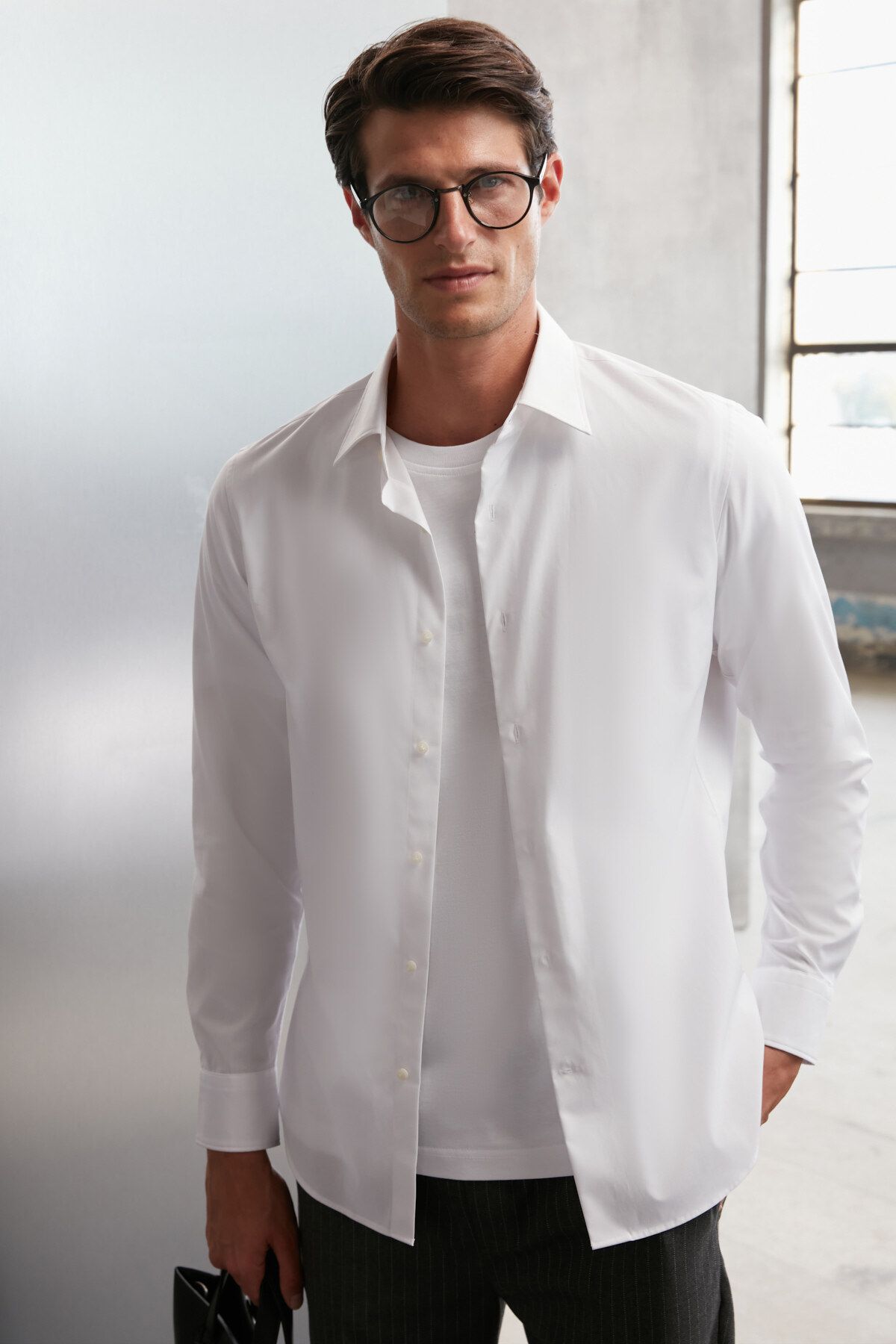 GRIMELANGE Carlsten Erkek Slim Fit Italyan Yaka %100 Pamuk Poplin Beyaz Gömlek