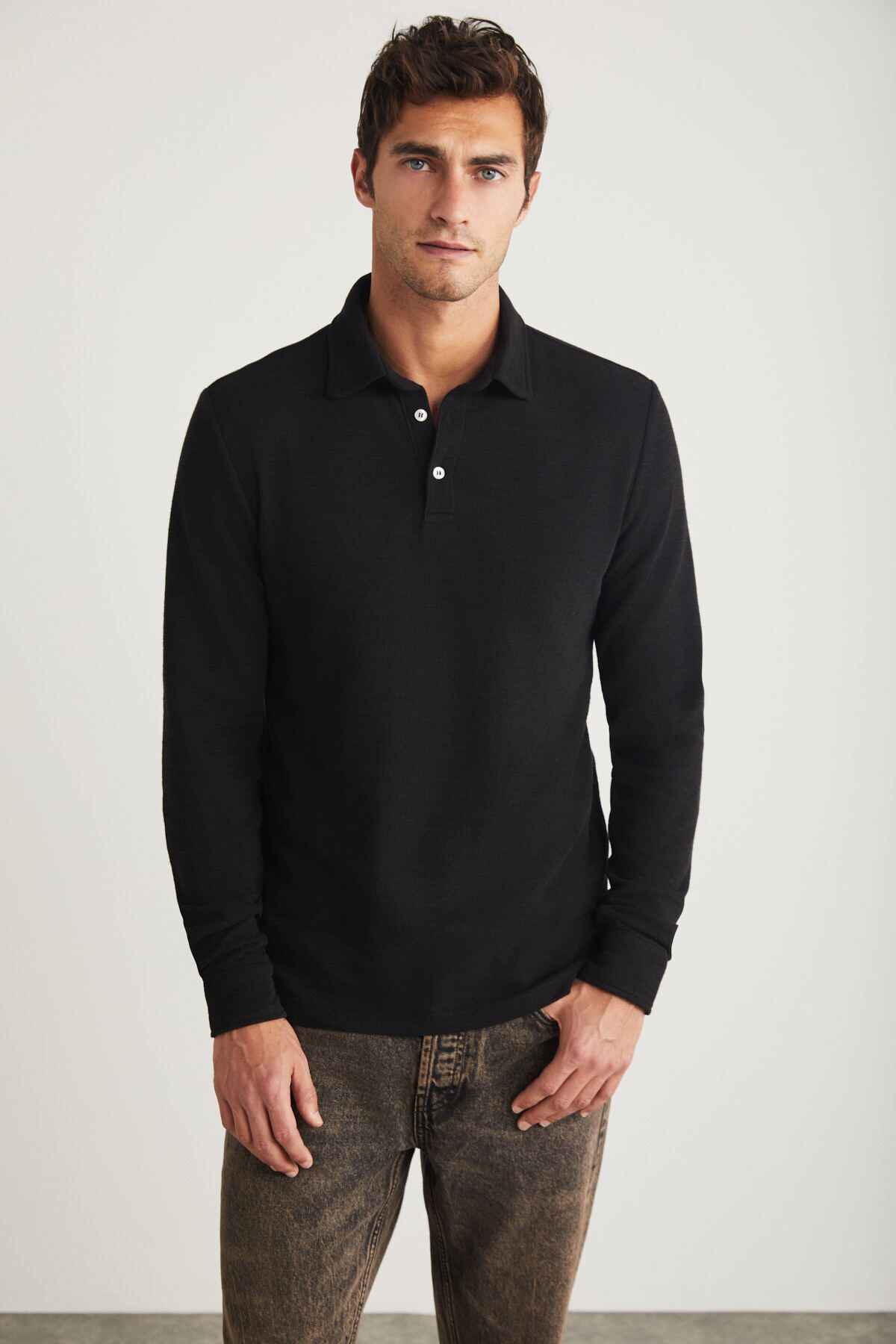 GRIMELANGE Tremont Erkek Slim Fit Dokulu Kumaşlı Uzun Kol Siyah Polo Yaka T-shirt