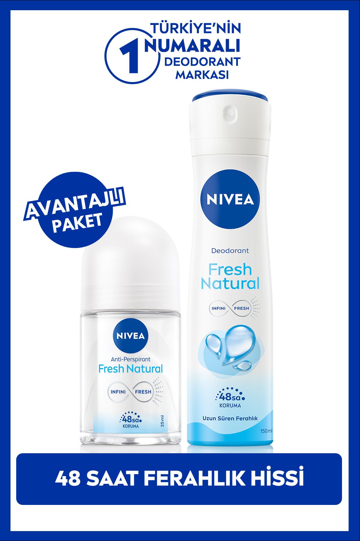 NIVEA Kadın Sprey Deodorant Fresh Comfort 150ml ve Mini Roll-on Fresh Natural 25ml, Ter Karşıtı Koruma