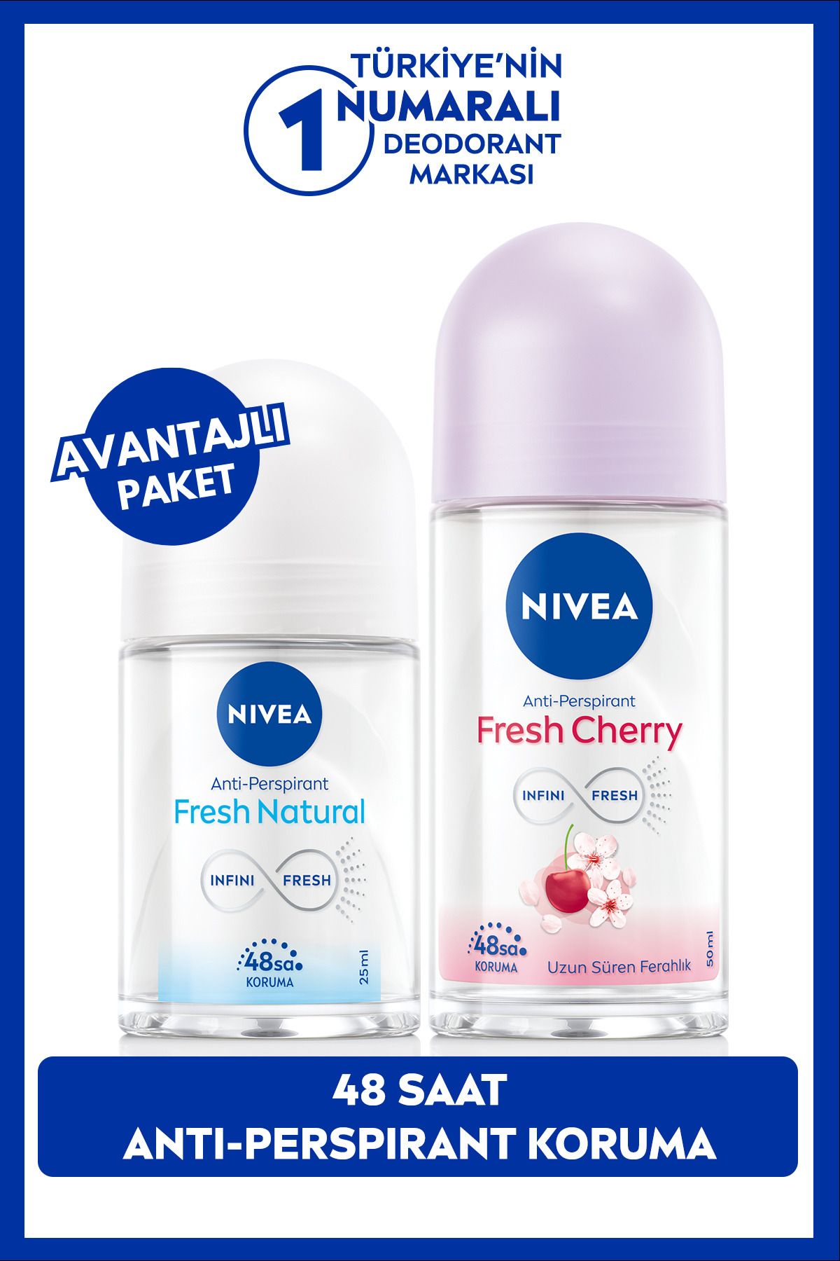 NIVEA Kadın Roll-on Deodorant Fresh Cherry 50ml ve Mini Roll-on Fresh Natural 25ml Set, 48 Saat Koruma