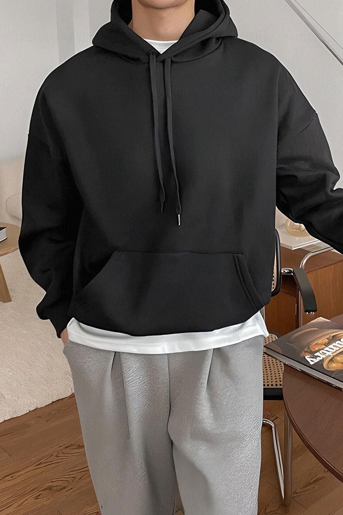 Millionaire Erkek Siyah Düz Kapüşonlu Oversize 3 iplik Şardonlu Salaş Bol Kesim Hoodie Sweatshirt