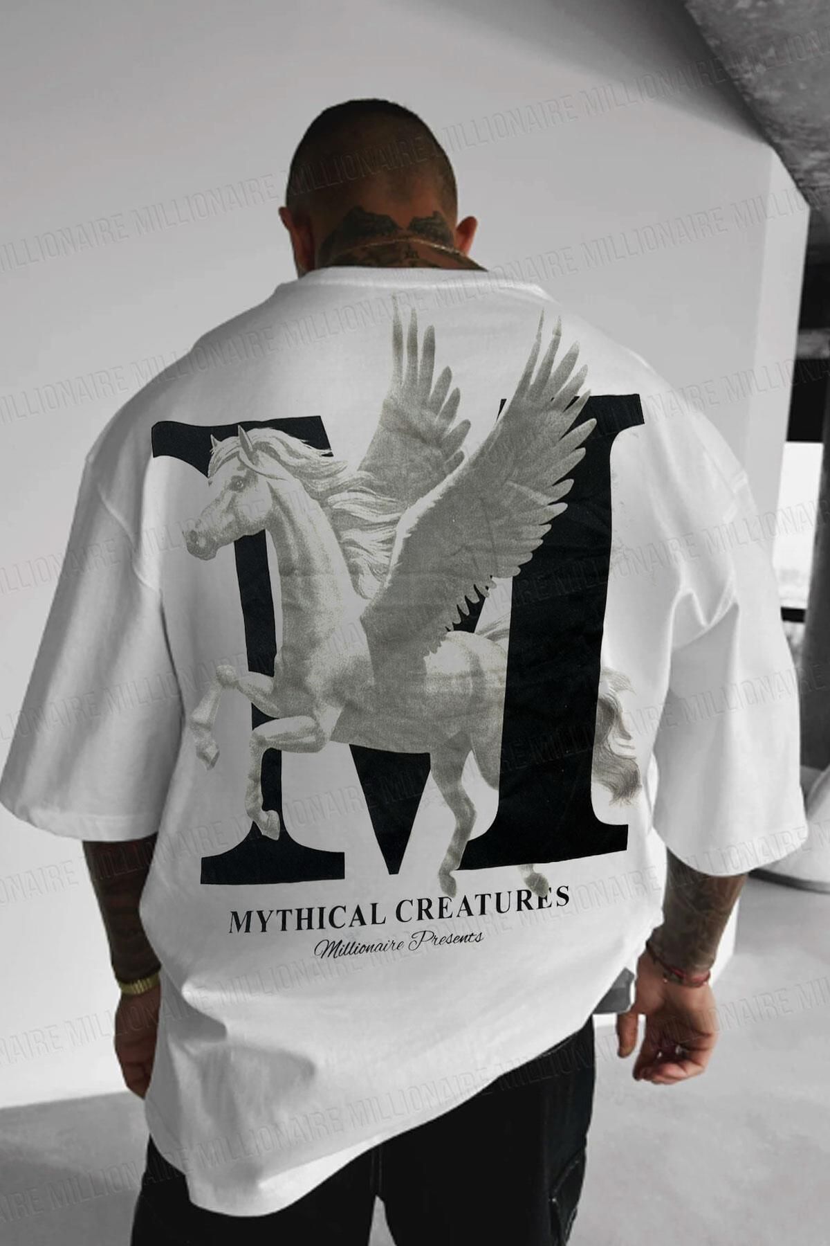 Teenage Millionaire Erkek Mythical Pegasus Baskılı Beyaz Bisiklet Yaka Oversize Salaş T-Shirt