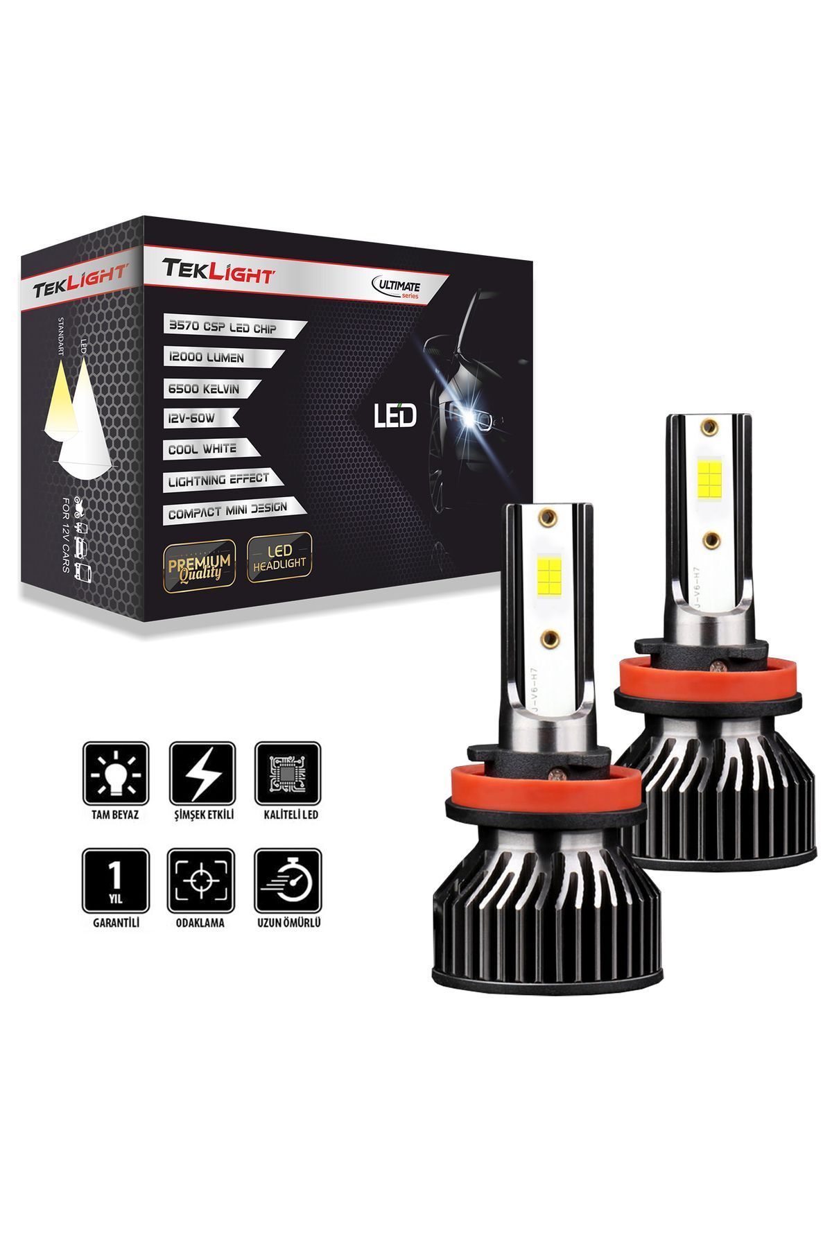 Teklight Ultimate Mini H11 Led Xenon Far Ampulü 12000 Lümen CSP Kısa Tip Mini Slim Şimşek Etkili