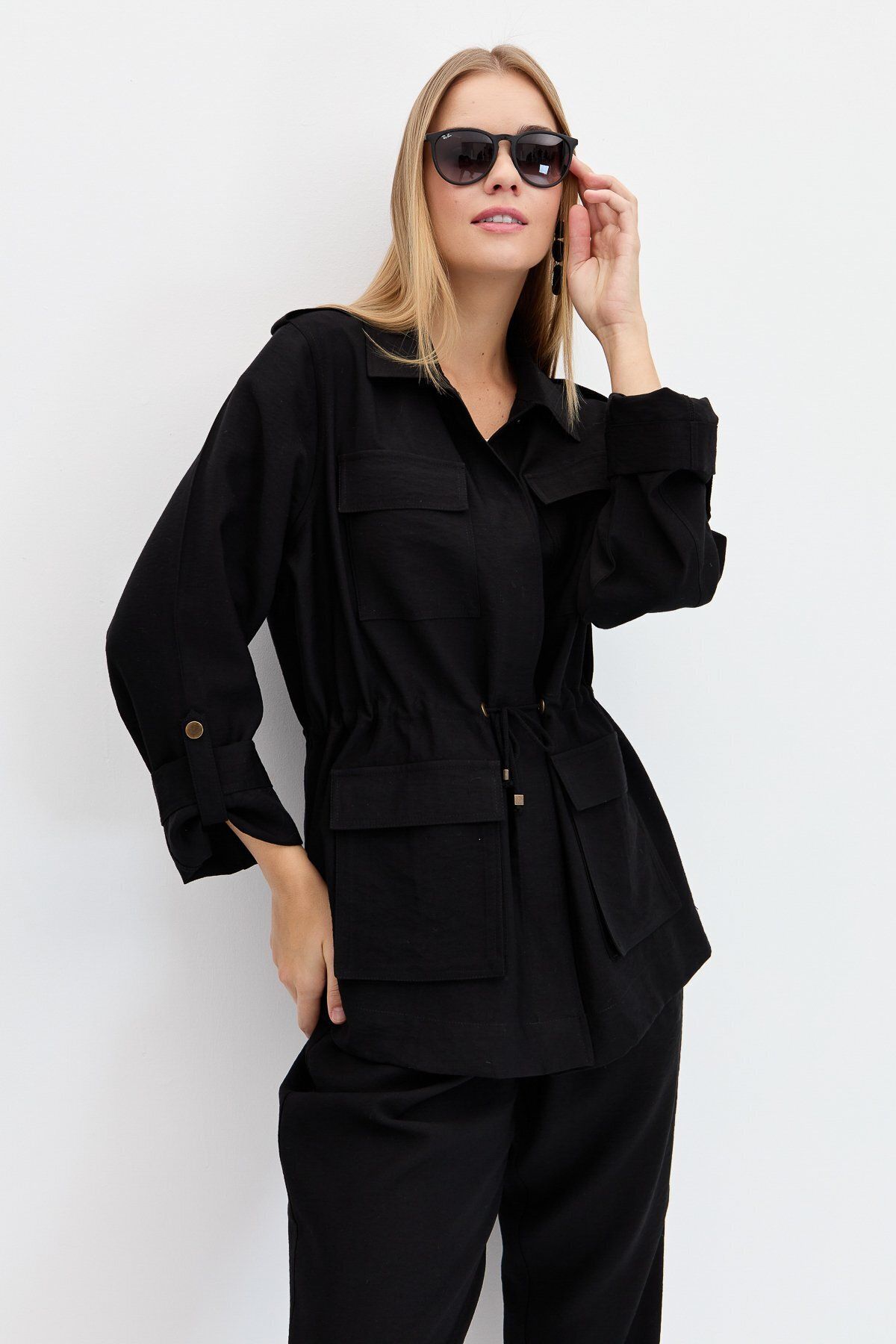 Desen Triko Kadın Safari Model Keten Ceket Siyah