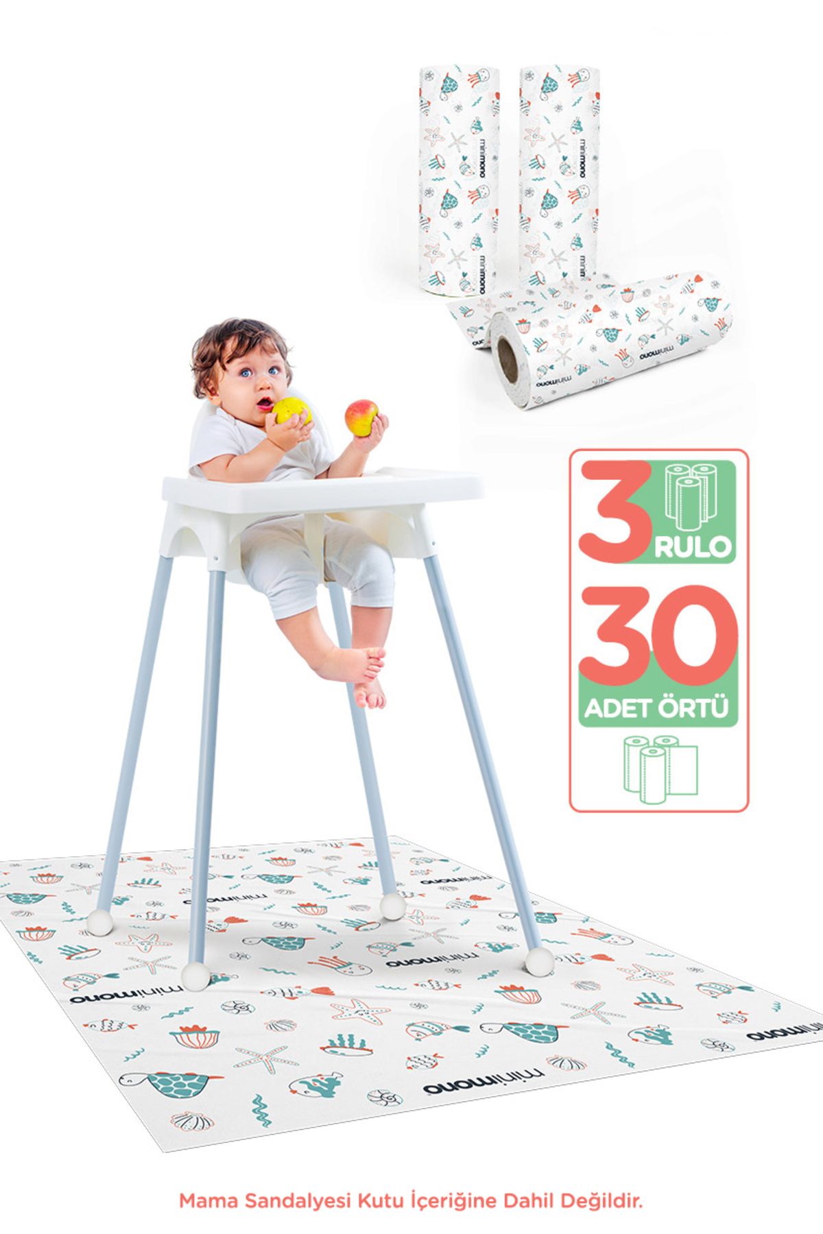 Minimono Mama Sandalyesi Altı Ve Aktivite Örtüsü 3 Rulo 30 Adet - Deniz Canlıları