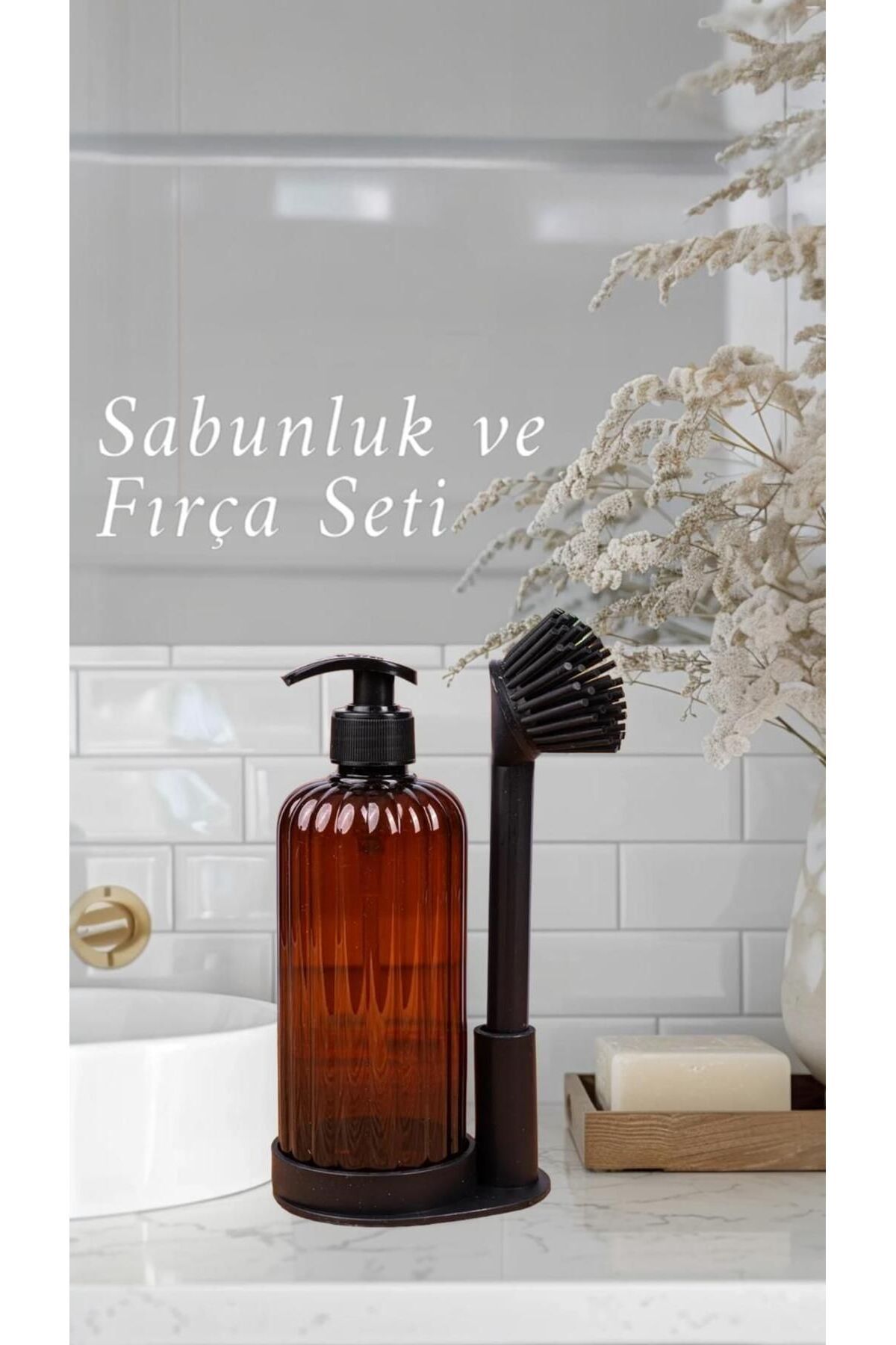 BRAMBLE LIFE Lüx Plastik Mutfak Seti - Oval Hazneli Sıvı Sabunluk Bulaşık Fırça Seti