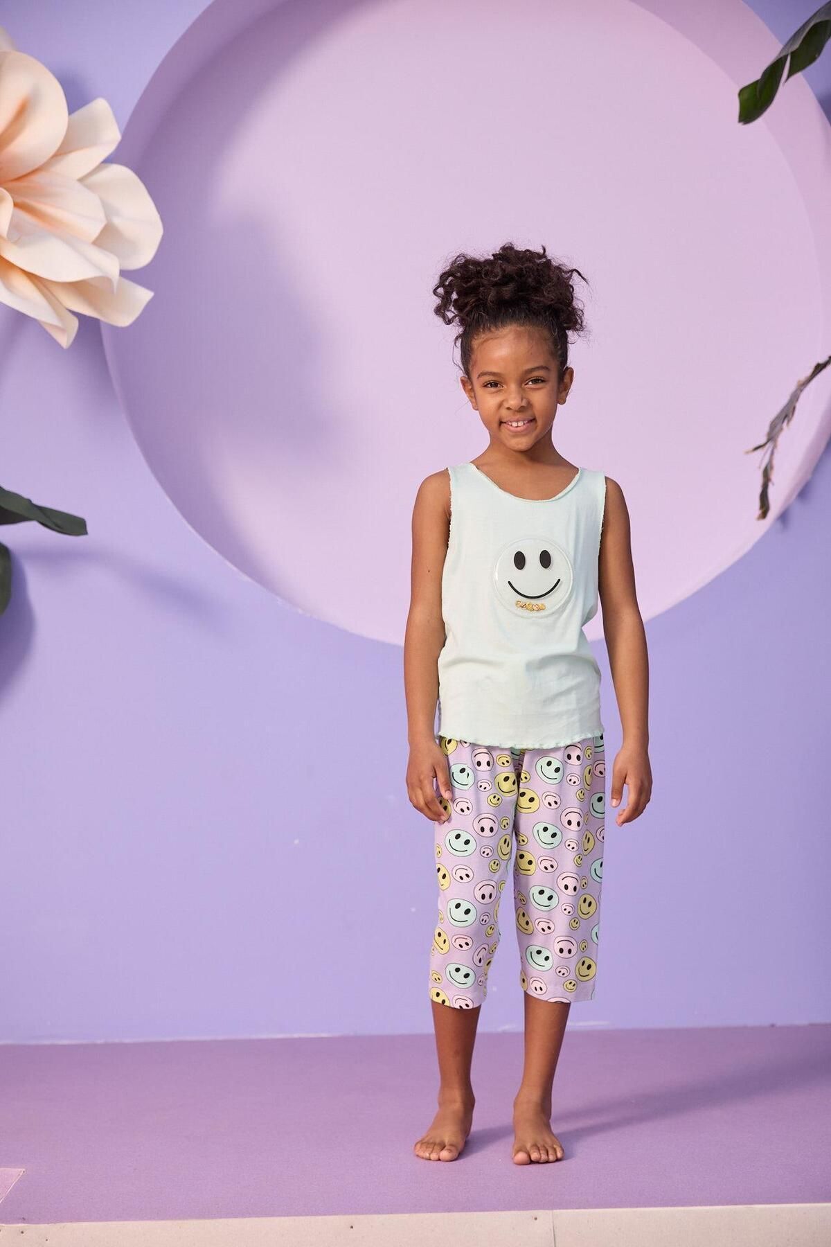 Katia & Bony Kız Çocuk Gülen Yüz Desenli Kaprili Pijama Takımı