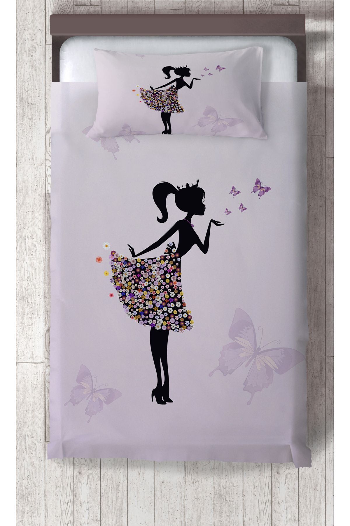 Ceritti Bebek ve Çocuk Odası Kelebekli Prenses Kız Desenli Organik Boyalı, Renkli Yatak Örtüsü Seti Toplam 2