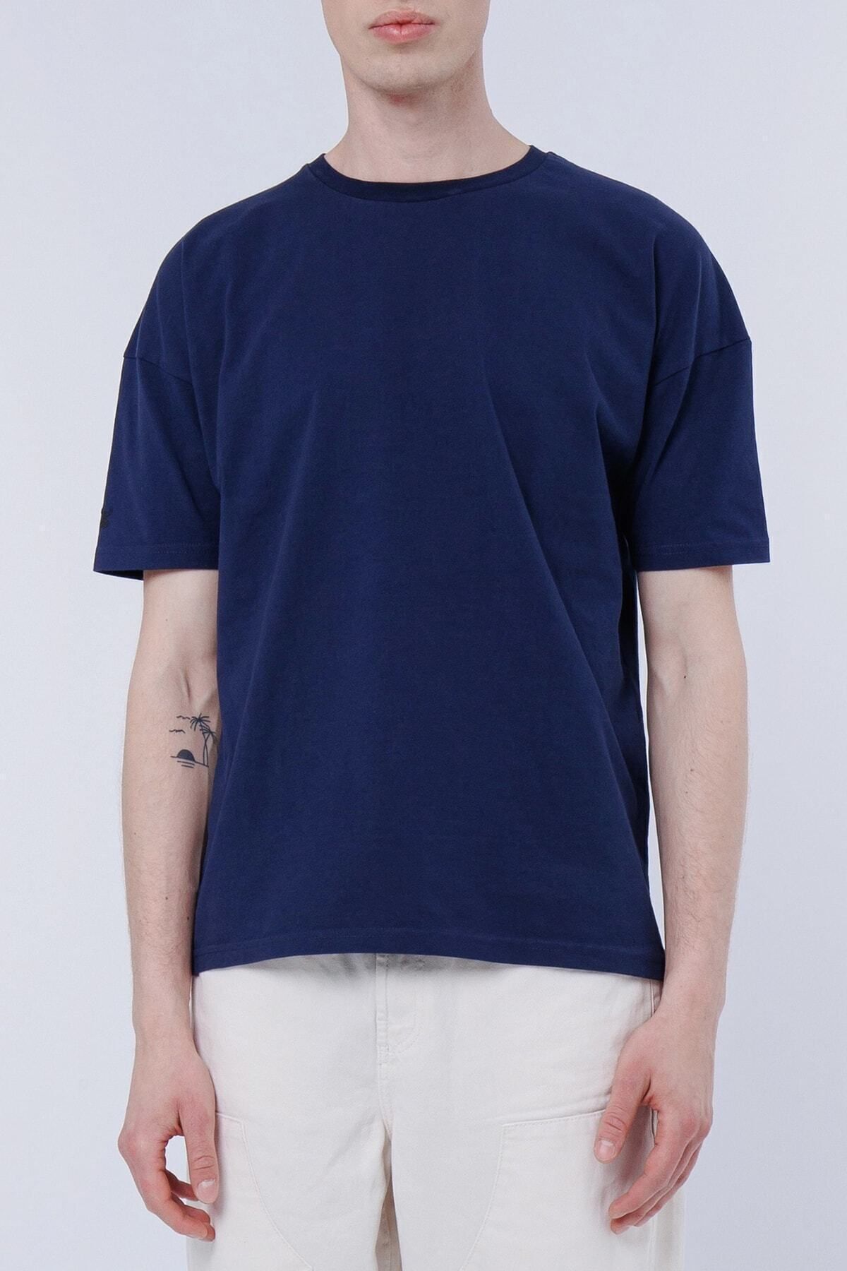 Nordbron Erkek Lacivert Stuga %100 Pamuk Logolu Basic Oversize/geniş Kesim Bisiklet Yaka Örme T-shirt