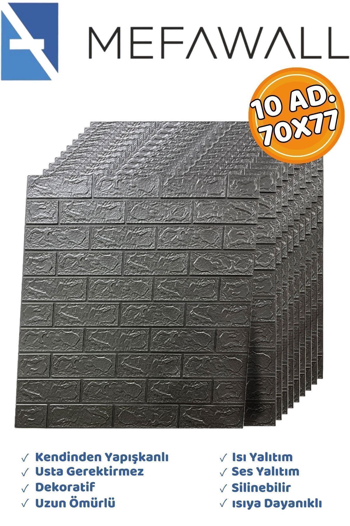 Mefawall 70x77 Cm 10 Adet- Kendinden Yapışkanlı Duvar Kağıdı Esnek Köpük Paneli 3d Boyutlu Tuğla Desen Gri