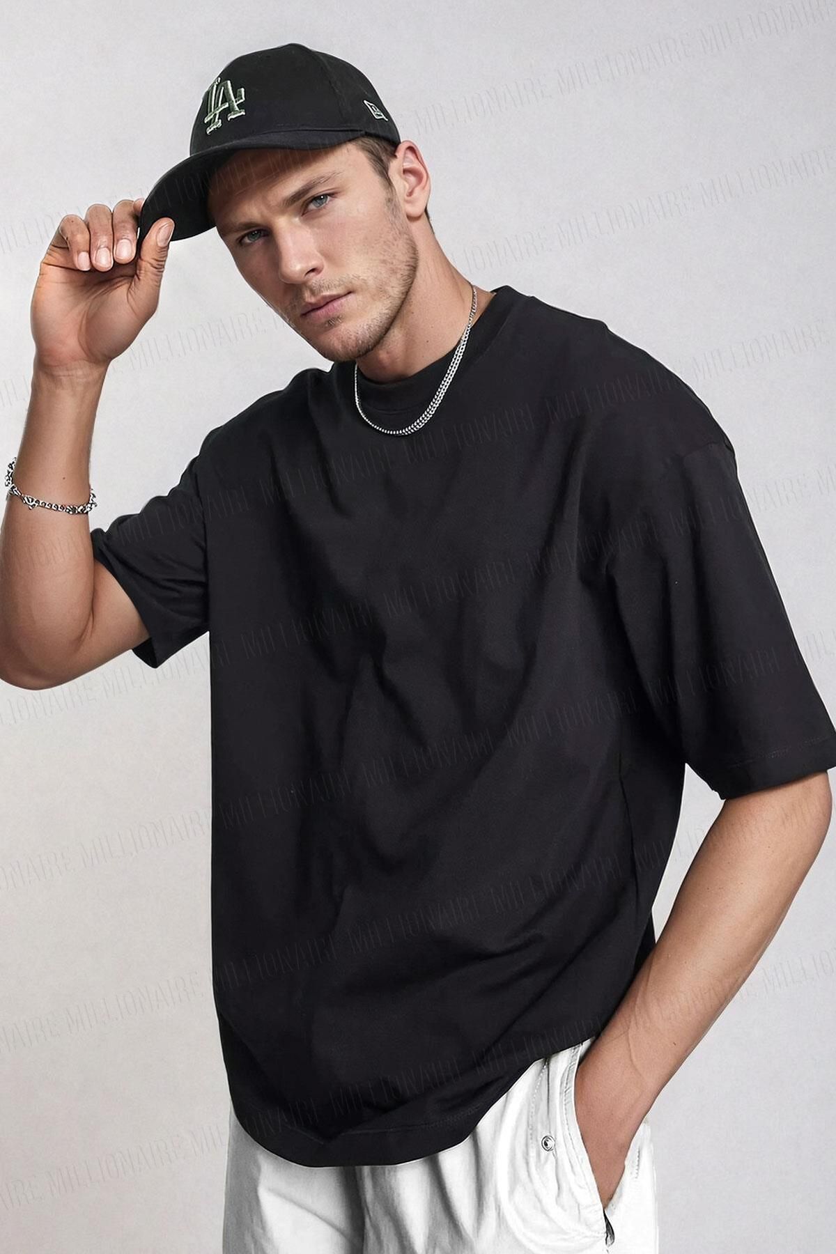 Teenage Millionaire Erkek Siyah Basic Düz Baskısız Oversize Salas Boyfriend T-Shirt