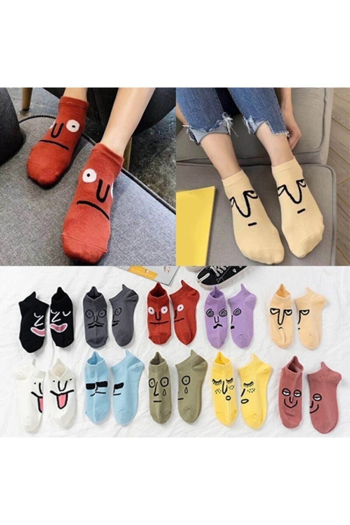 Meguca Socks Kadın Renkli Komik Suratlar Patik Çorap Seti 7 Çift