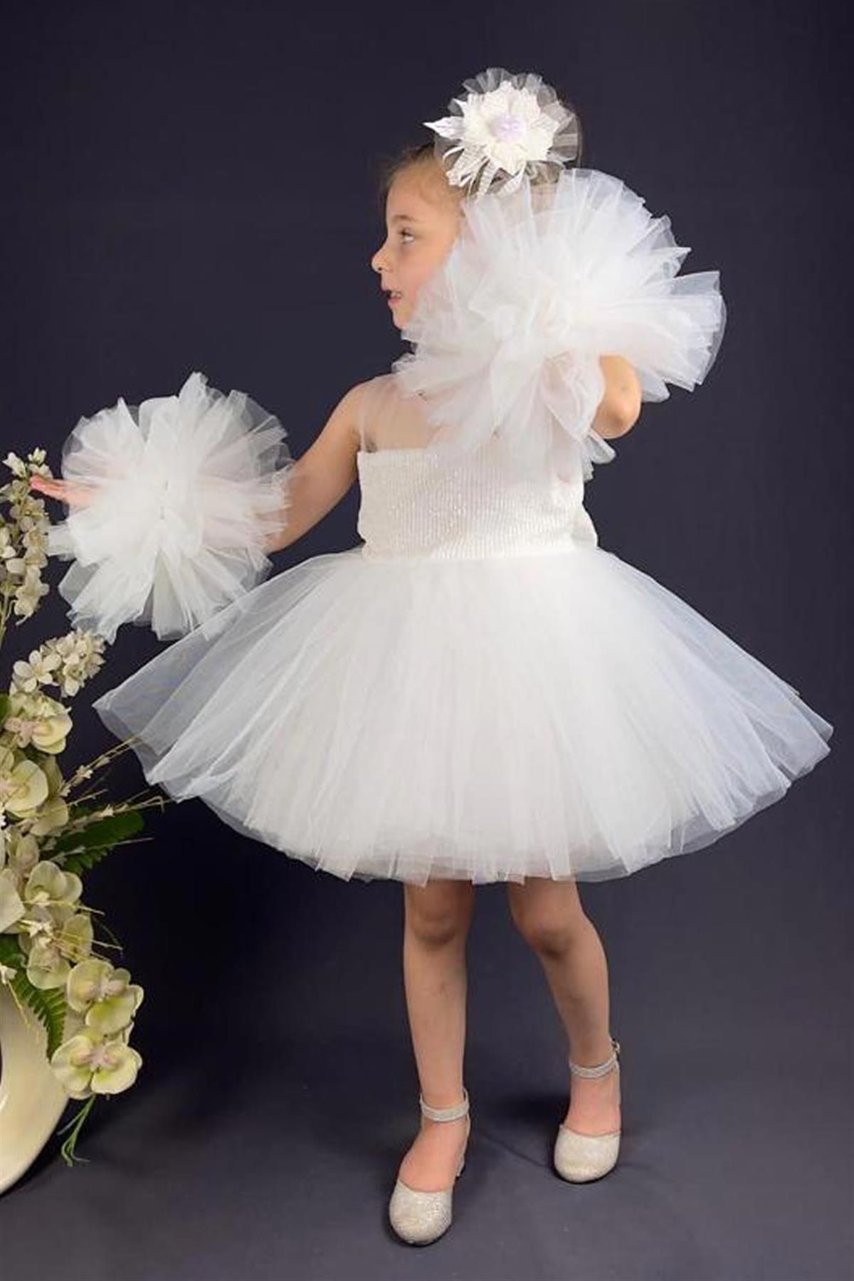 Le Mabelle Beyaz Payetli Aksesuar Detaylı Kız Çocuk Elbise - Balenca