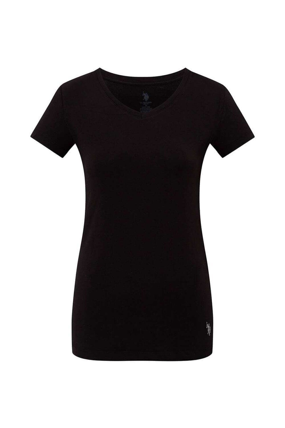 U.S. Polo Assn. Kadın Modal Pamuklu Basic V Yaka Siyah Kısa Kollu T-shirt